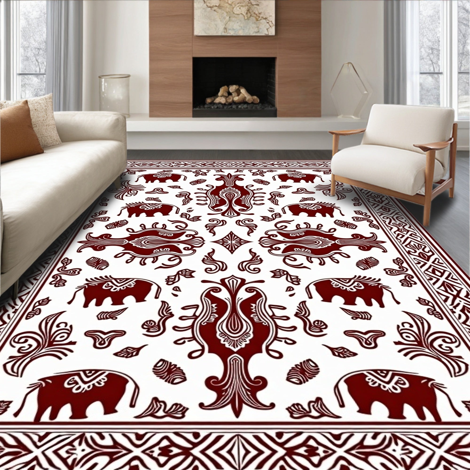 Deep Red Elephant Folk Art Rug