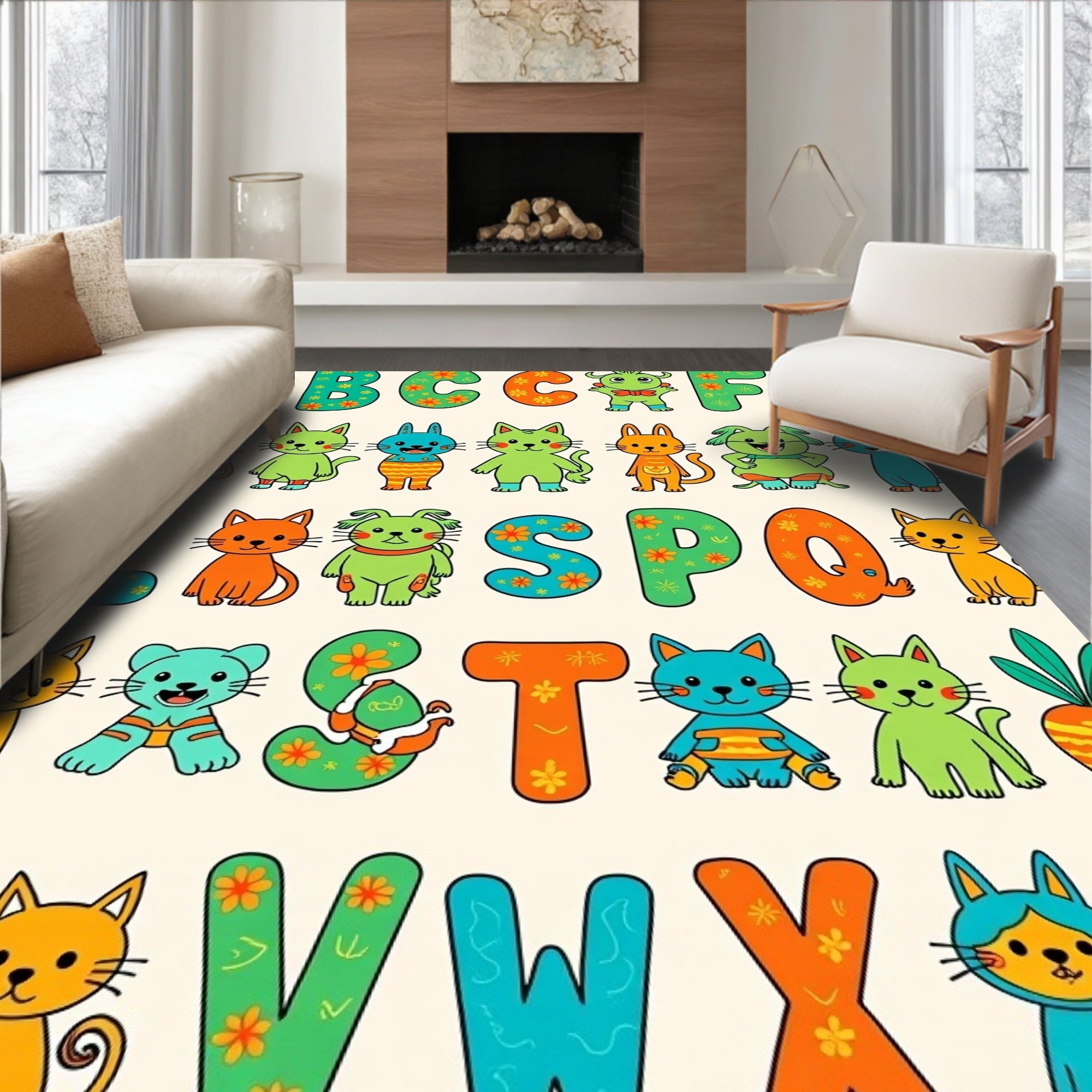 Playful Alphabet Animals Floral Collection Rug