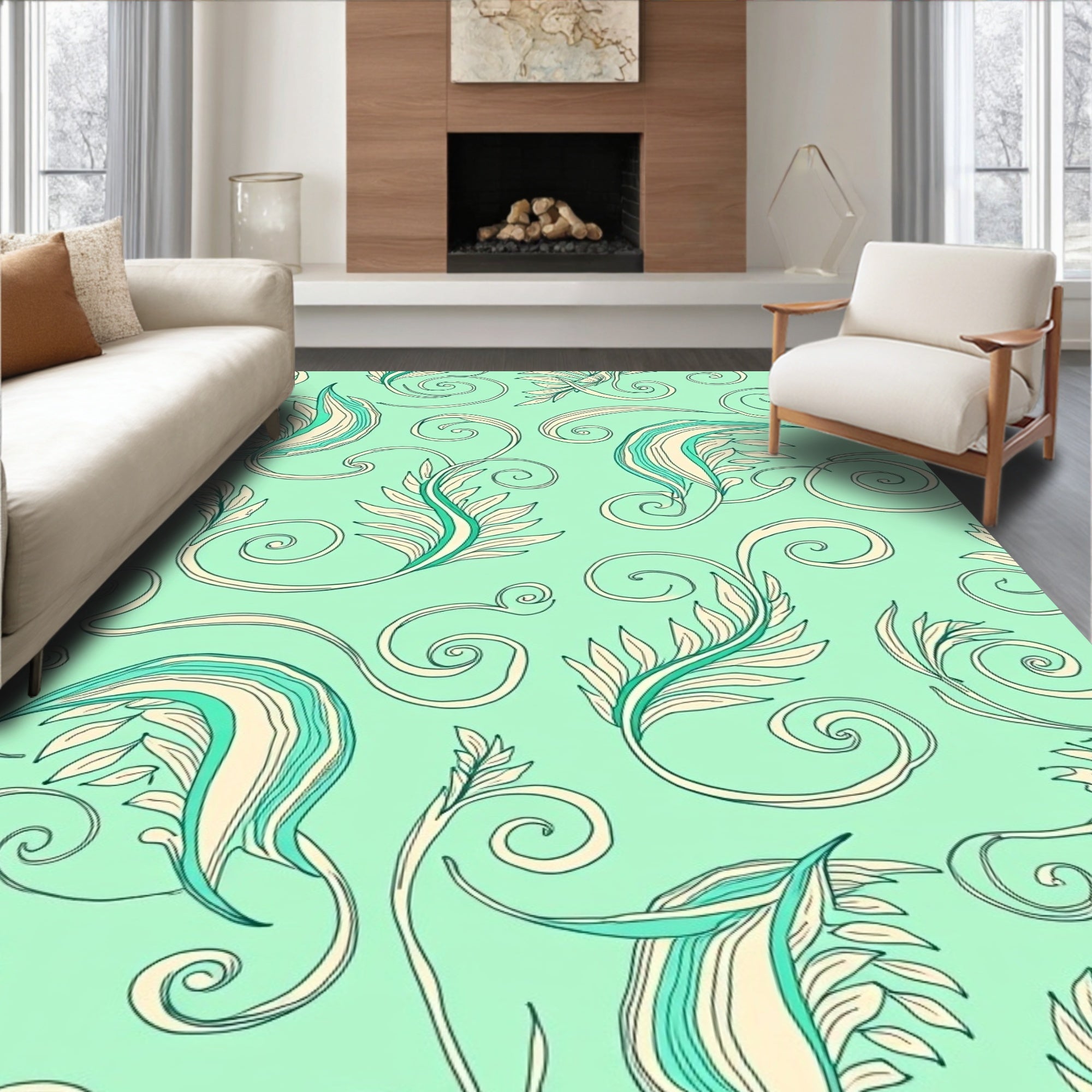 Aqua Coastal Leaf Swirl Rug