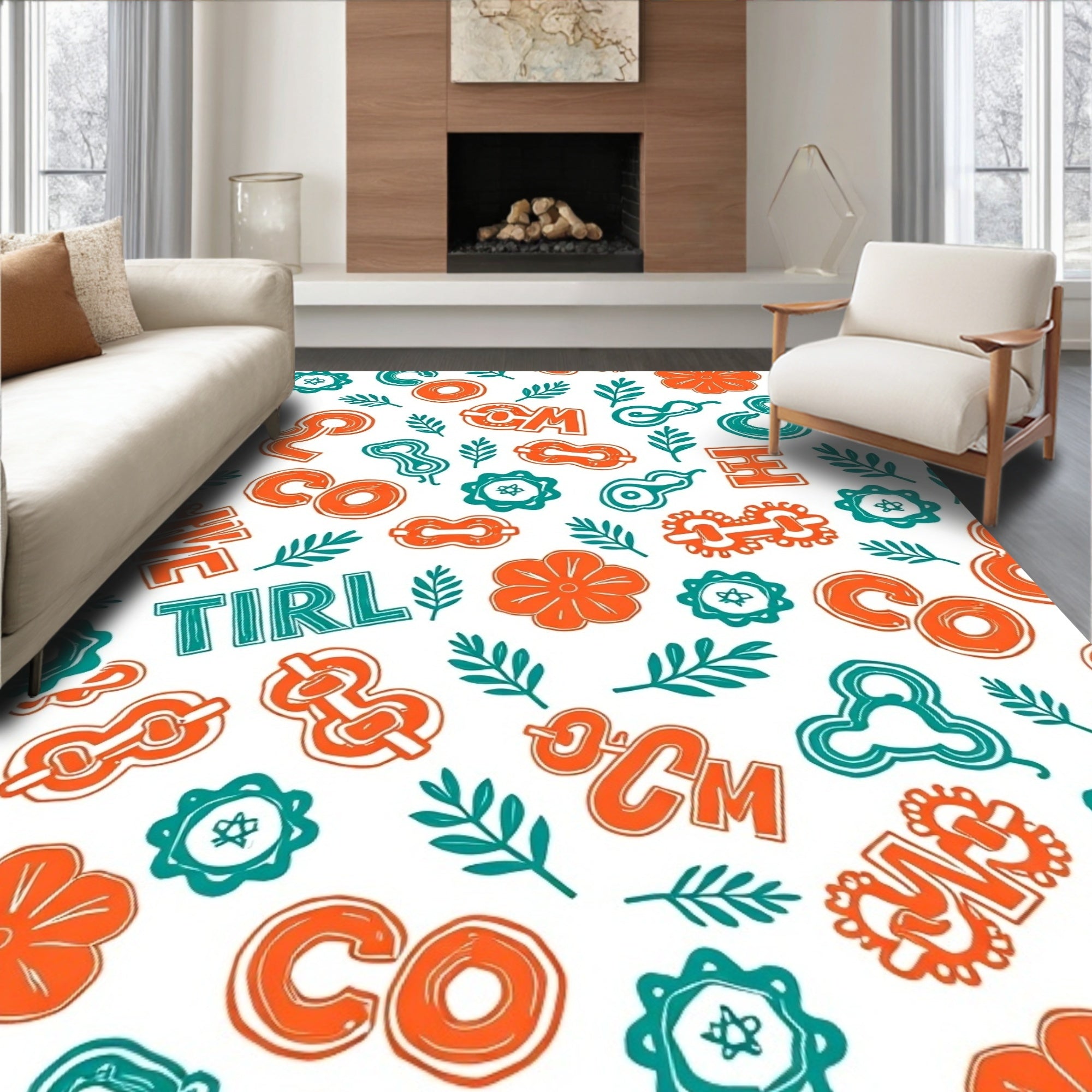 Orange Teal Alphabet Floral Whimsical Rug