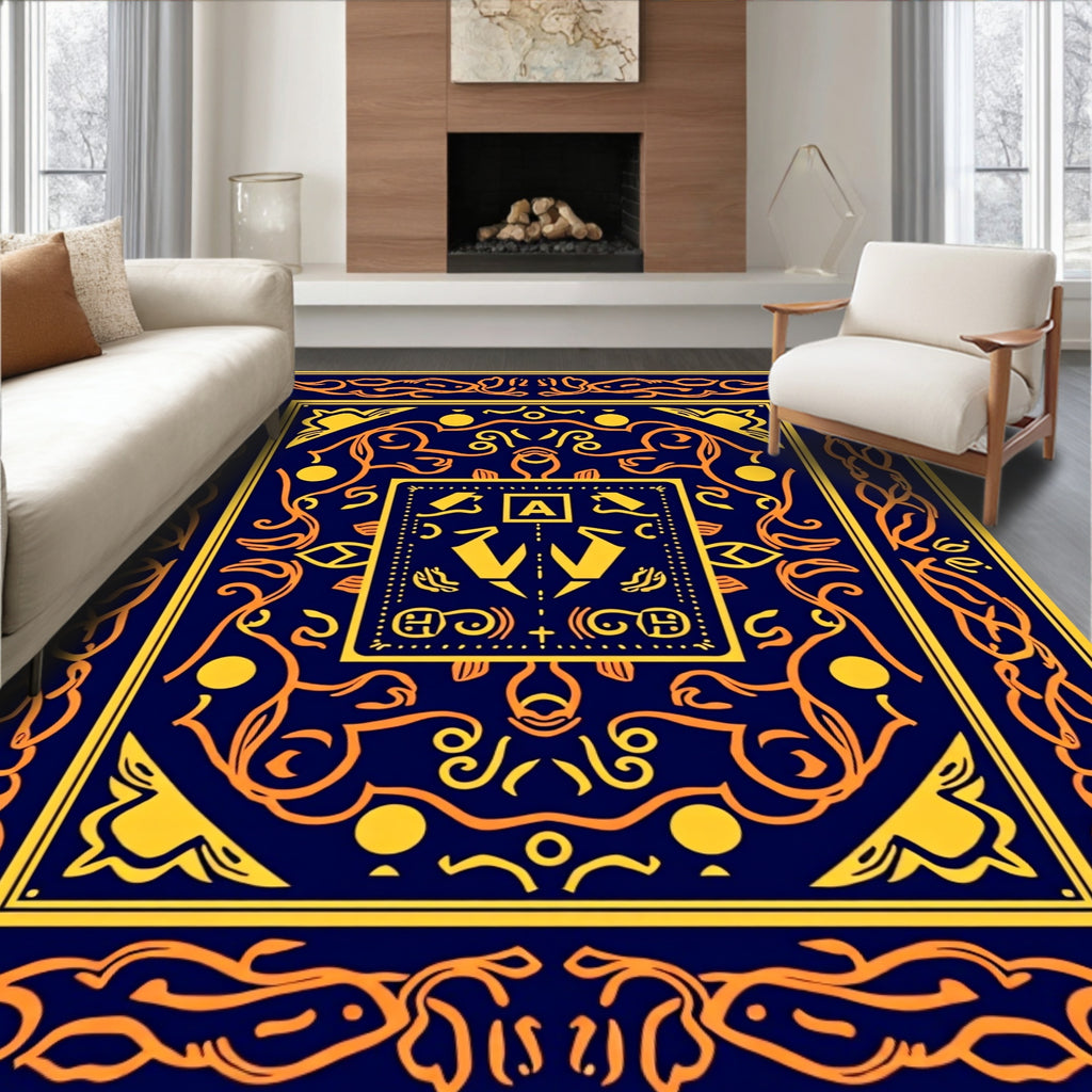 Navy Orange Curlicue Emblem Rug