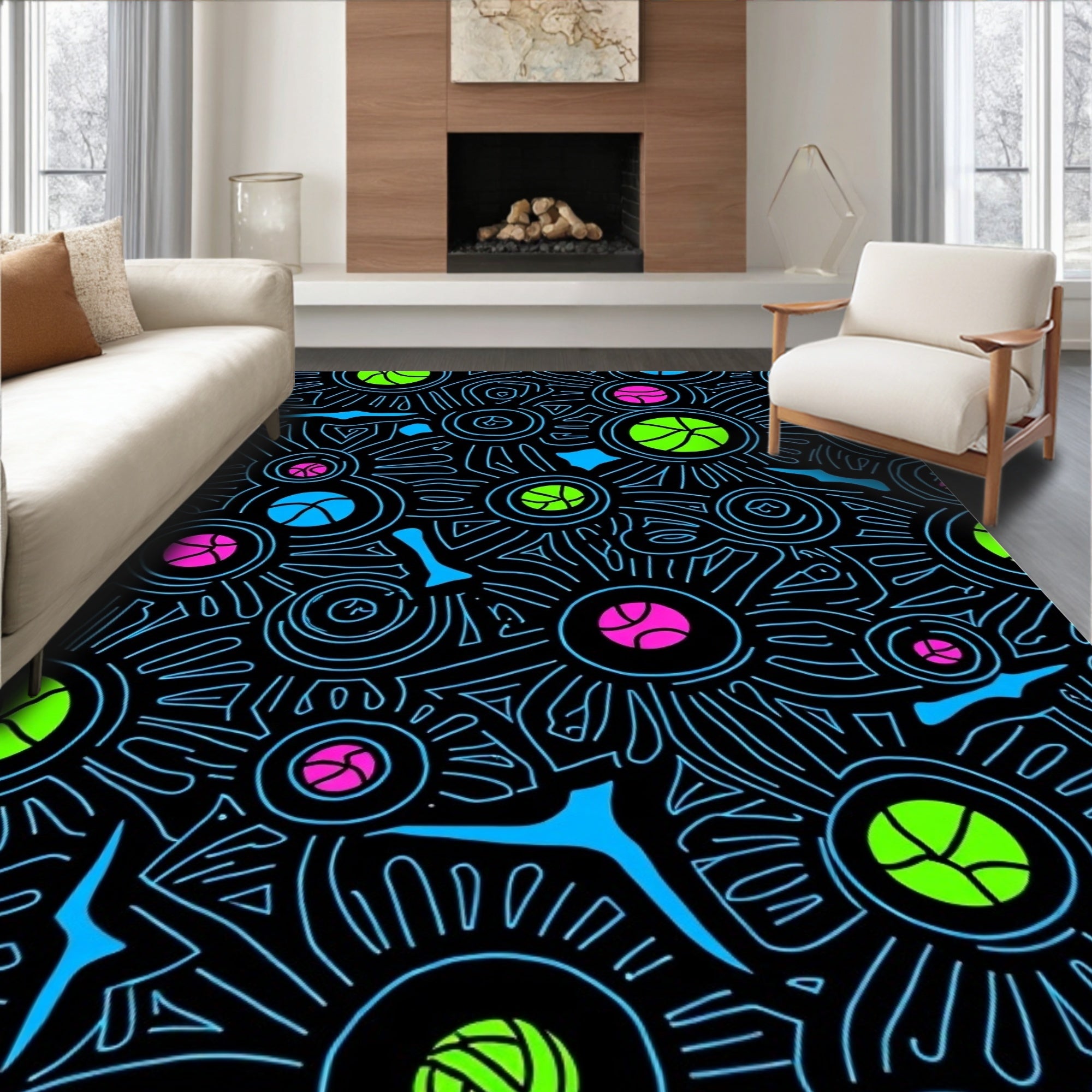 Neon Circles And Lines Rug