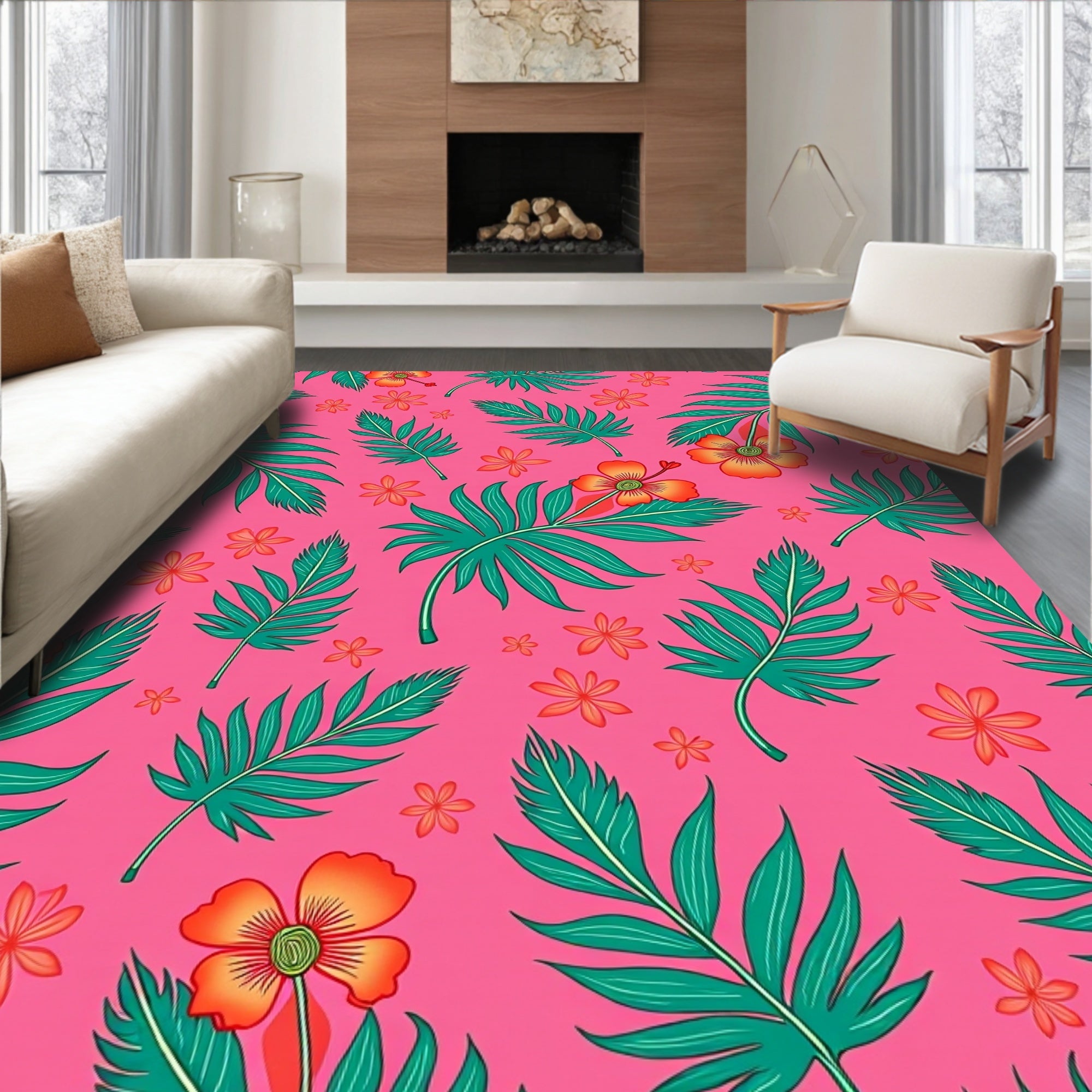 Vibrant Tropical Orange Flowers Green Leaves Rug
