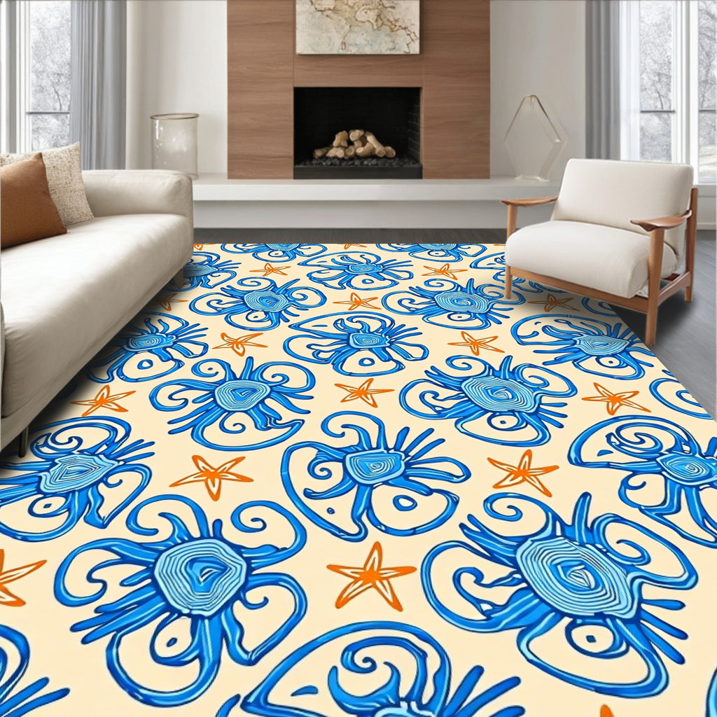 Oceanic Blue Swirl Creatures Starfish Rug