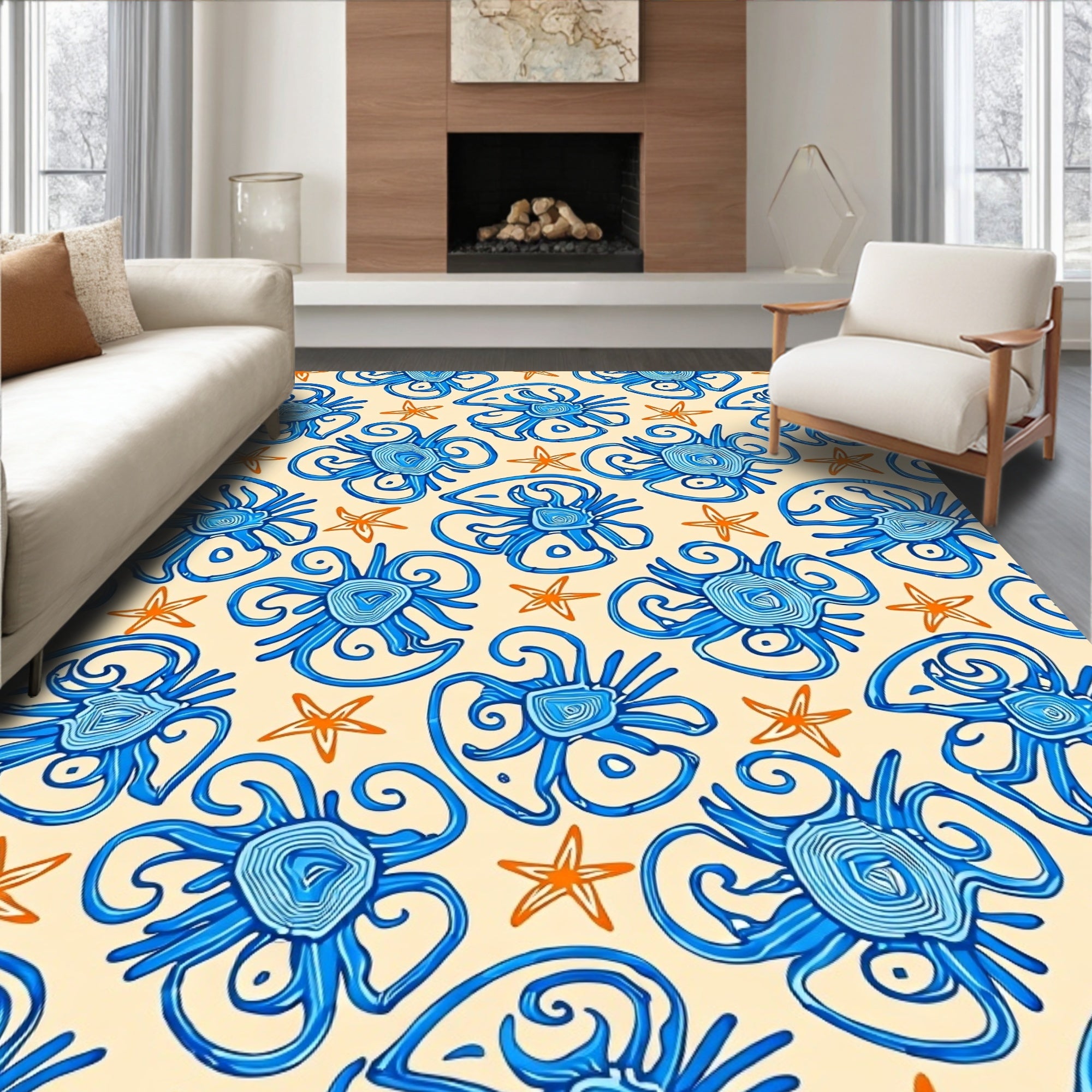 Oceanic Blue Swirl Creatures Starfish Rug