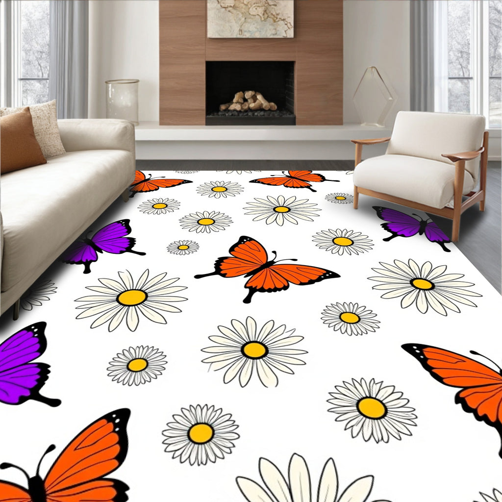 Whimsical Orange Purple Butterfly Daisy Rug