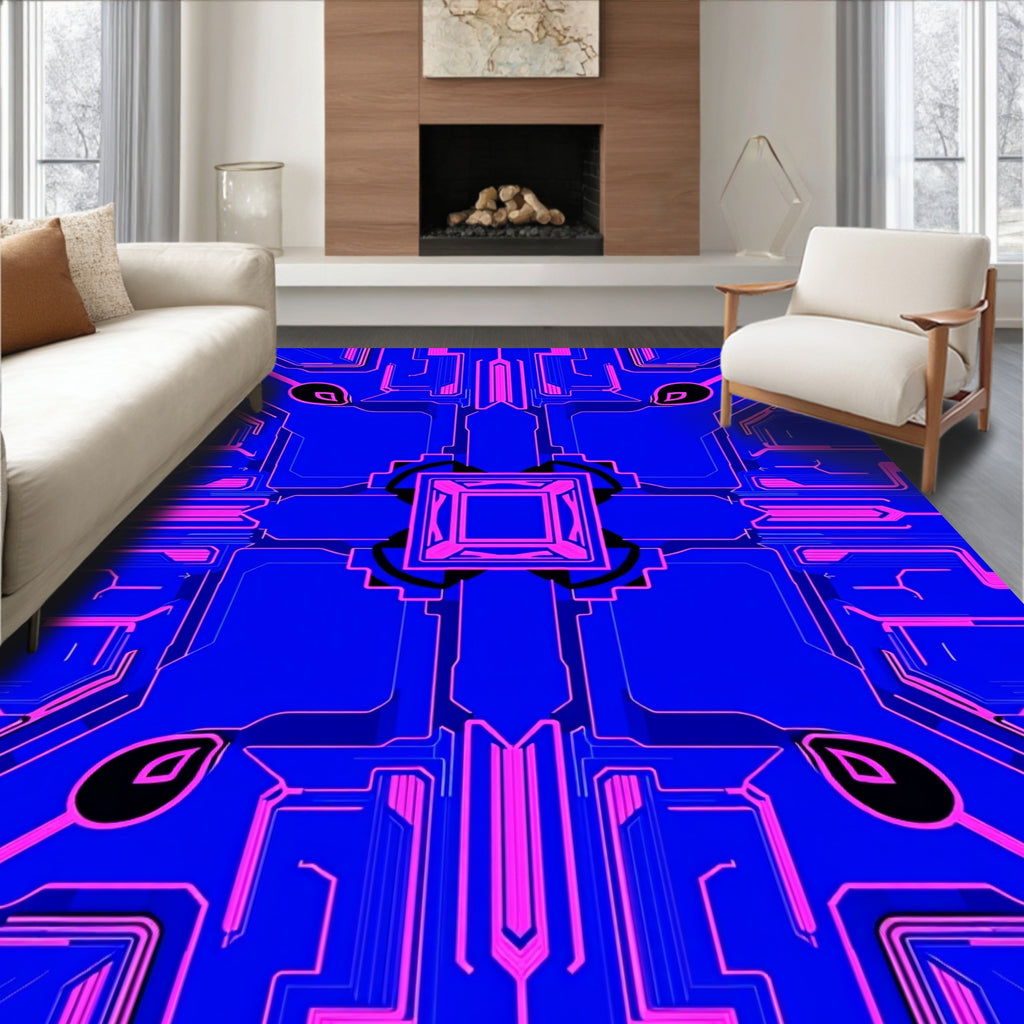 Electric Blue Pink Circuit Board Rug