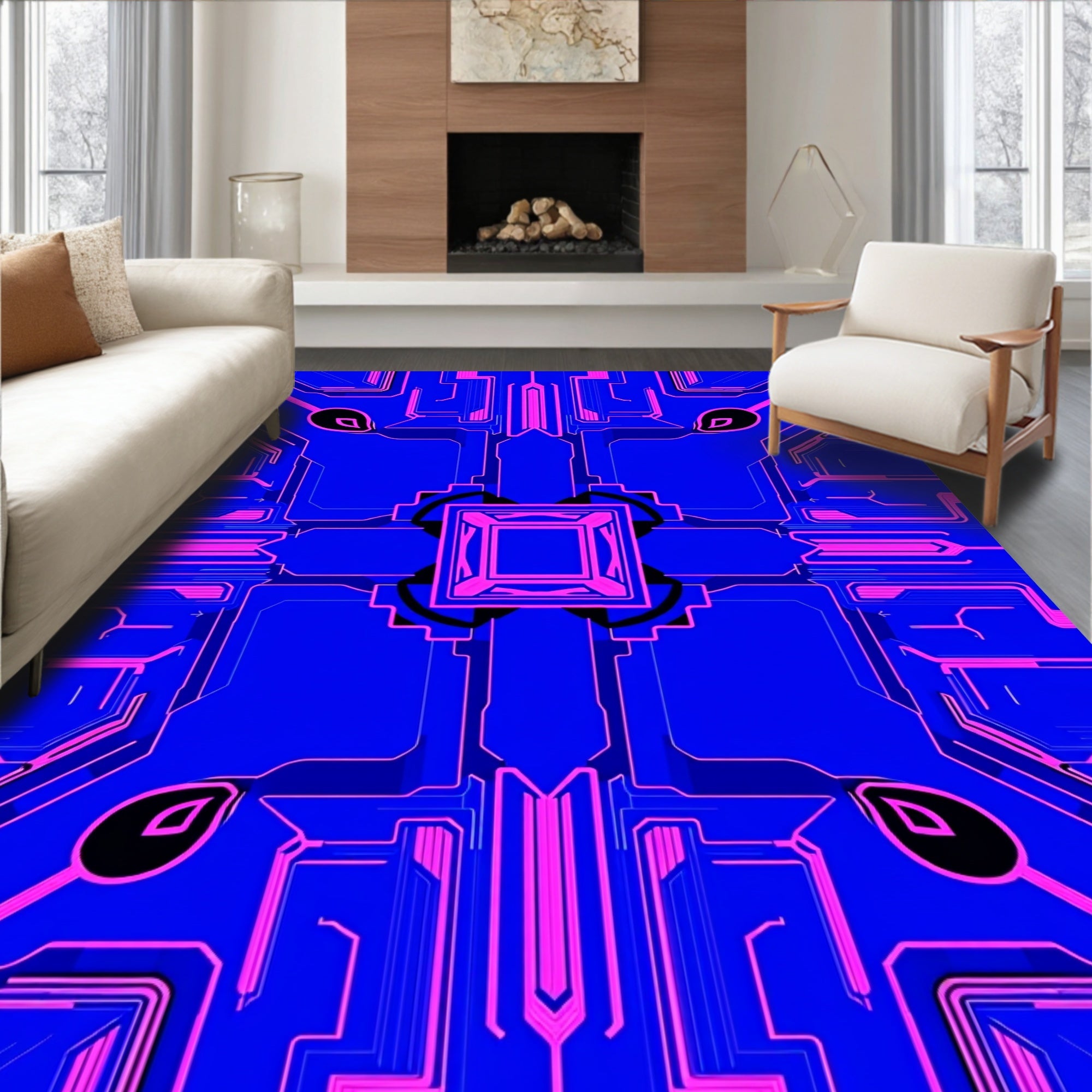 Electric Blue Pink Circuit Board Rug