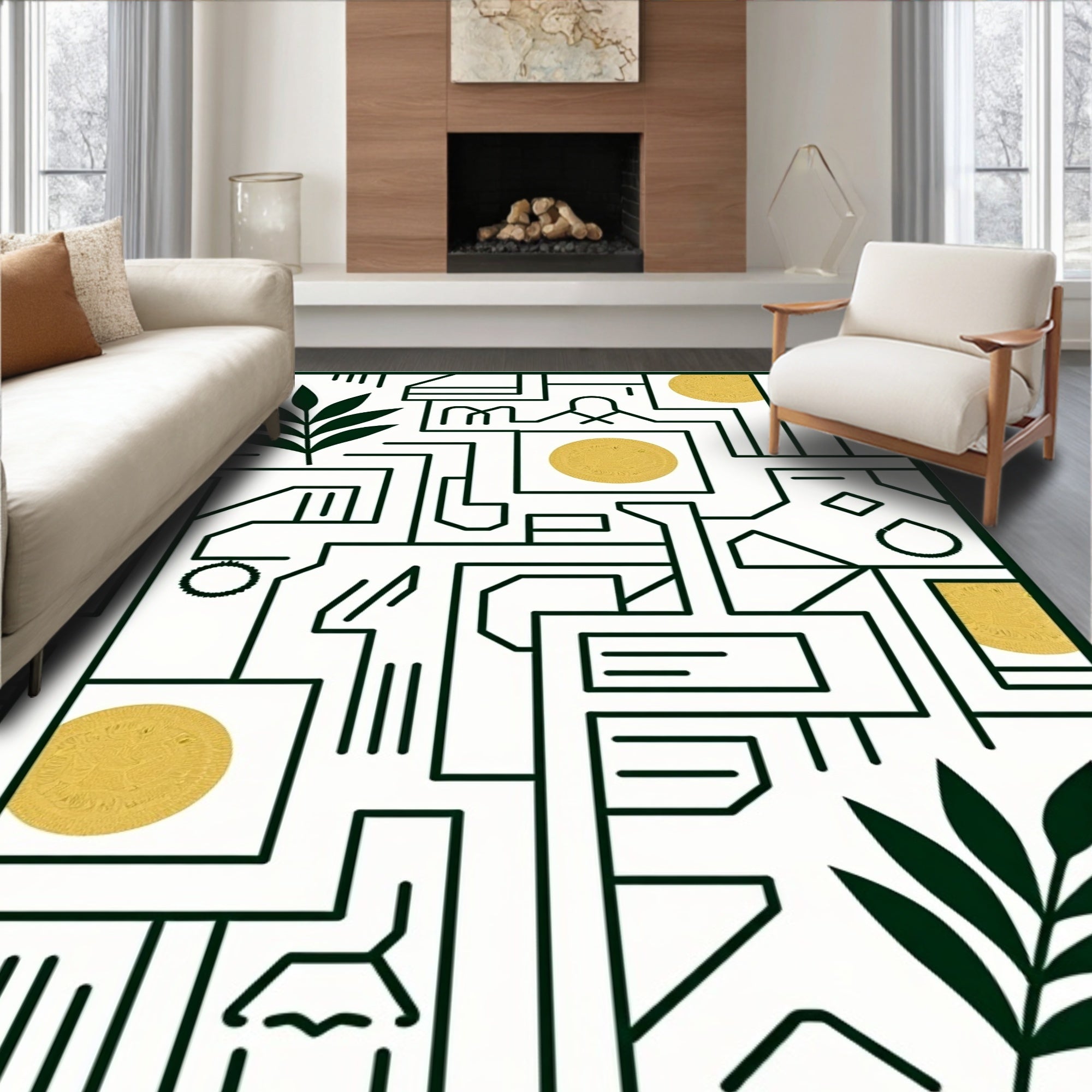 Geometric Leaf Gold Coin Rug