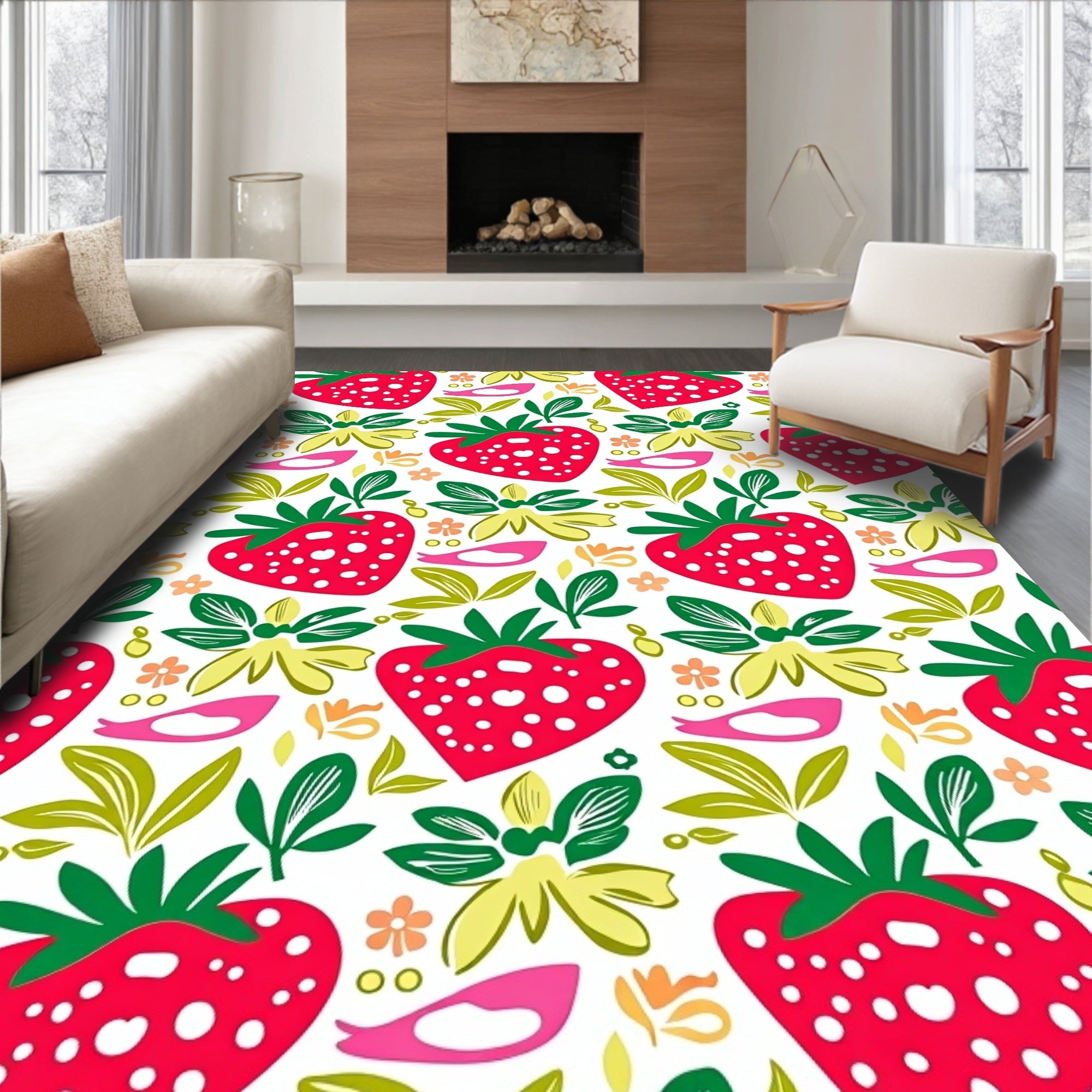Whimsical Red Strawberry Floral Burst Rug