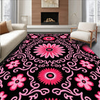 Bold Pink Floral Swirls Black Rug