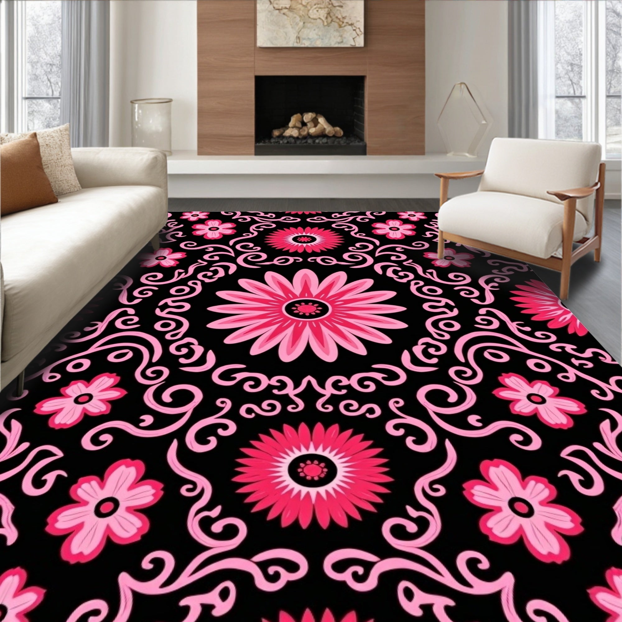 Bold Pink Floral Swirls Black Rug