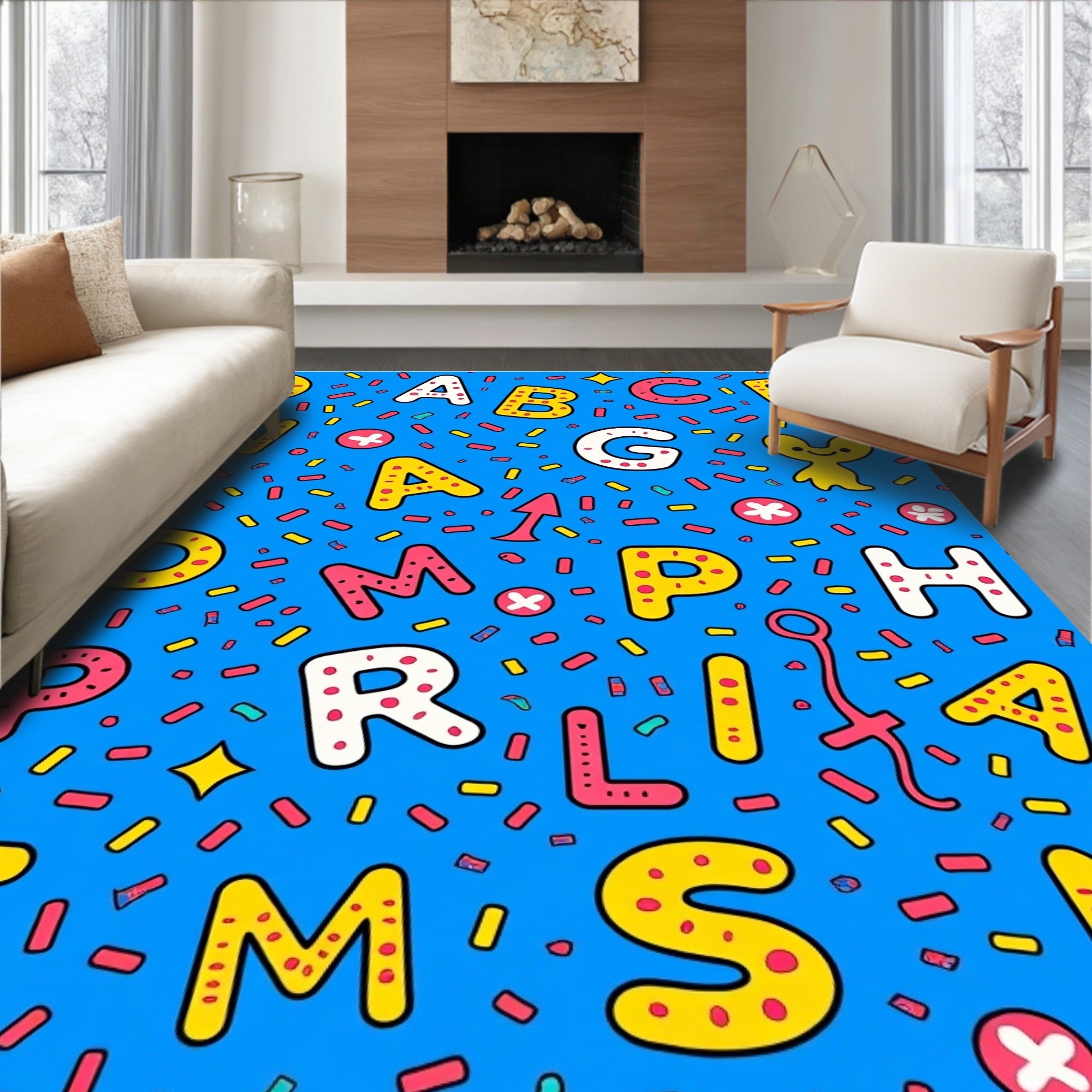 Playful Alphabet Confetti Blue Rug