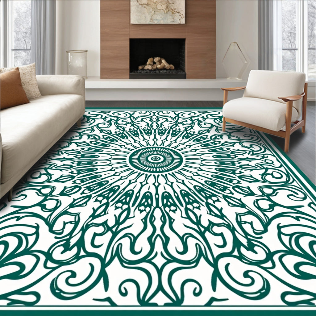 Emerald Green Sunburst Medallion Swirls Rug