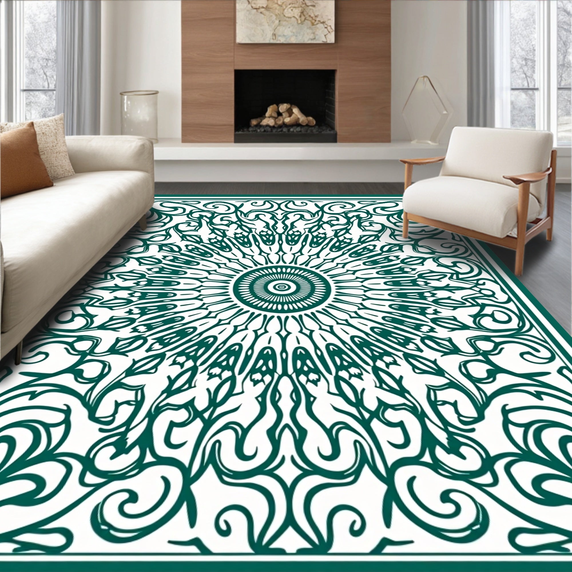 Emerald Green Sunburst Medallion Swirls Rug