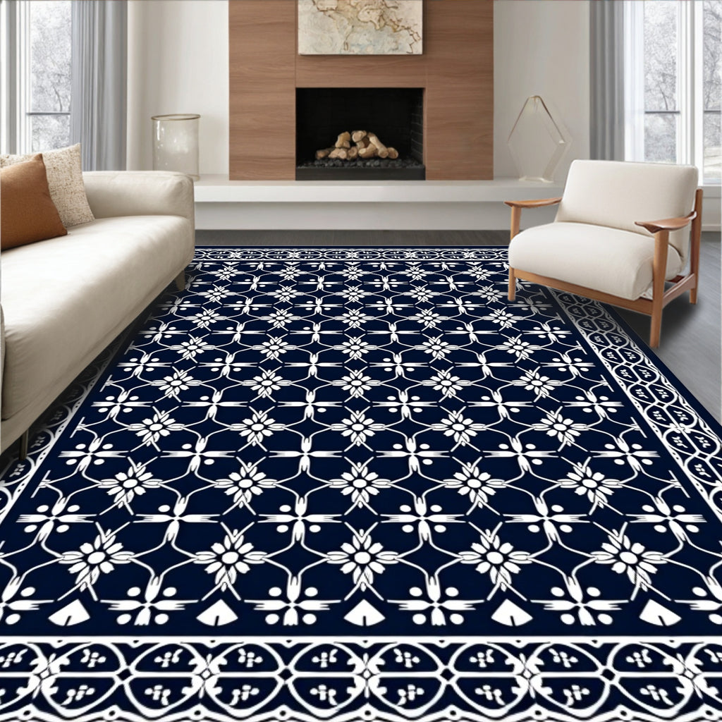 Navy White Floral Lattice Border Rug