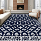 Navy White Floral Lattice Border Rug