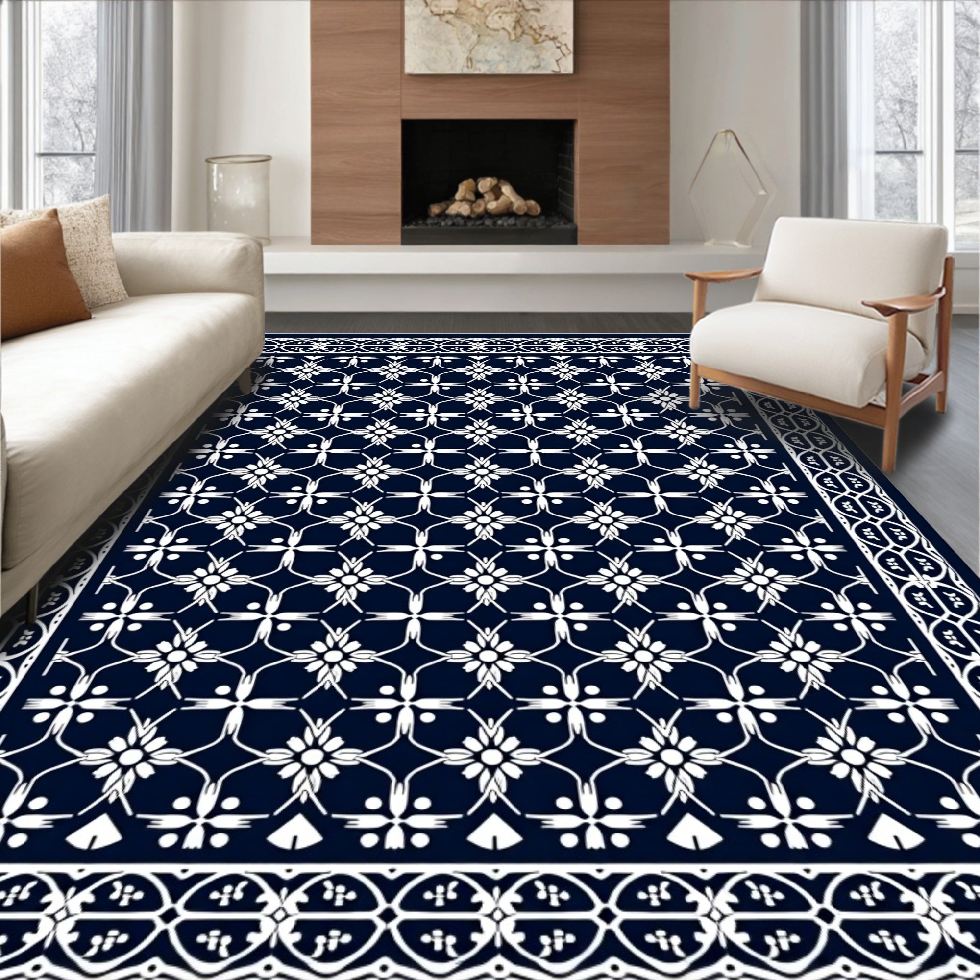 Navy White Floral Lattice Border Rug