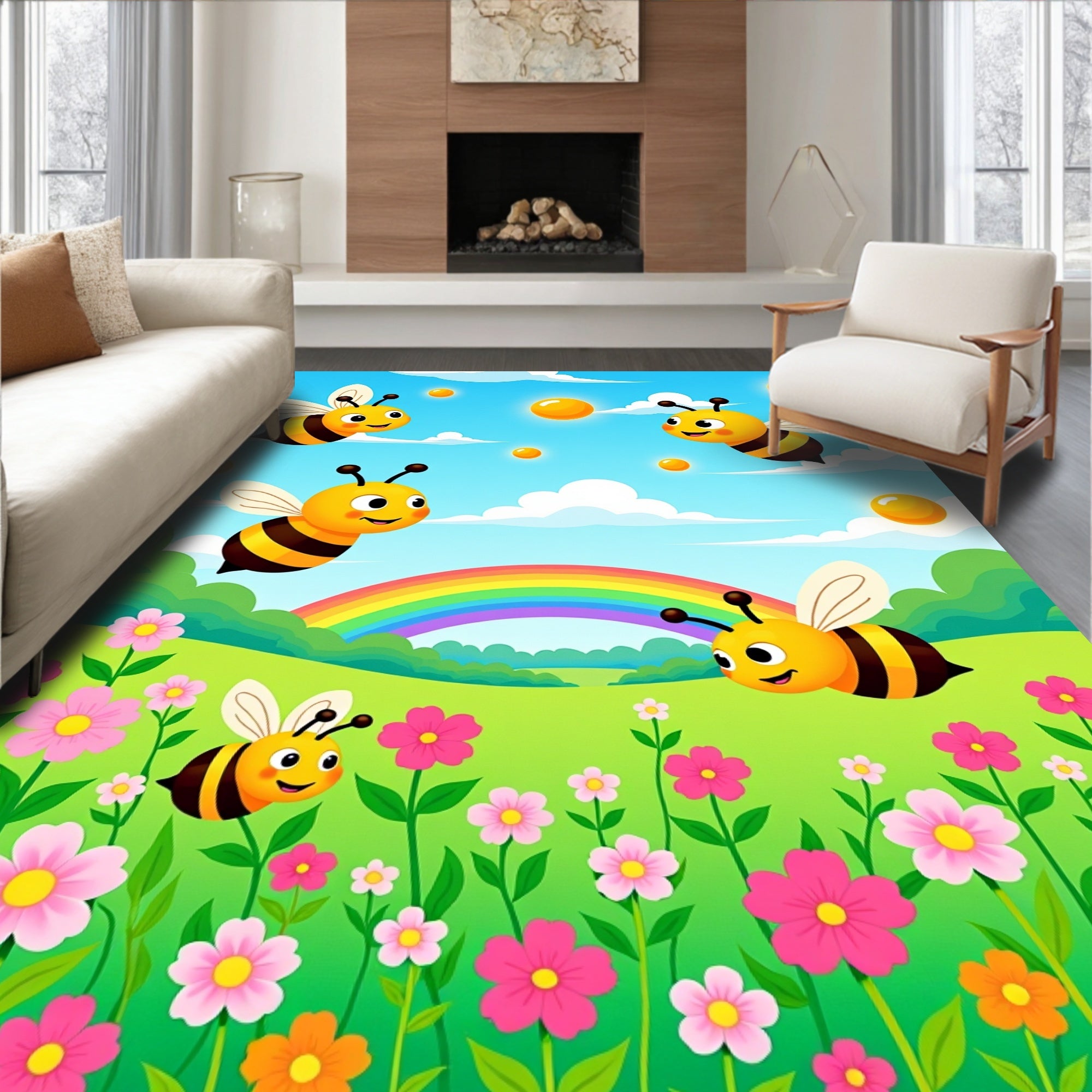 Playful Bees And Flowers Meadow Rainbow Rug