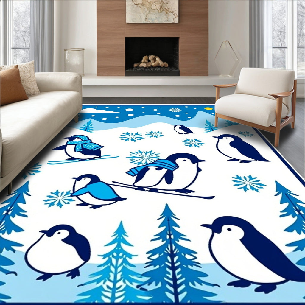 Winter Penguin Ski Scene Blue Accent Rug