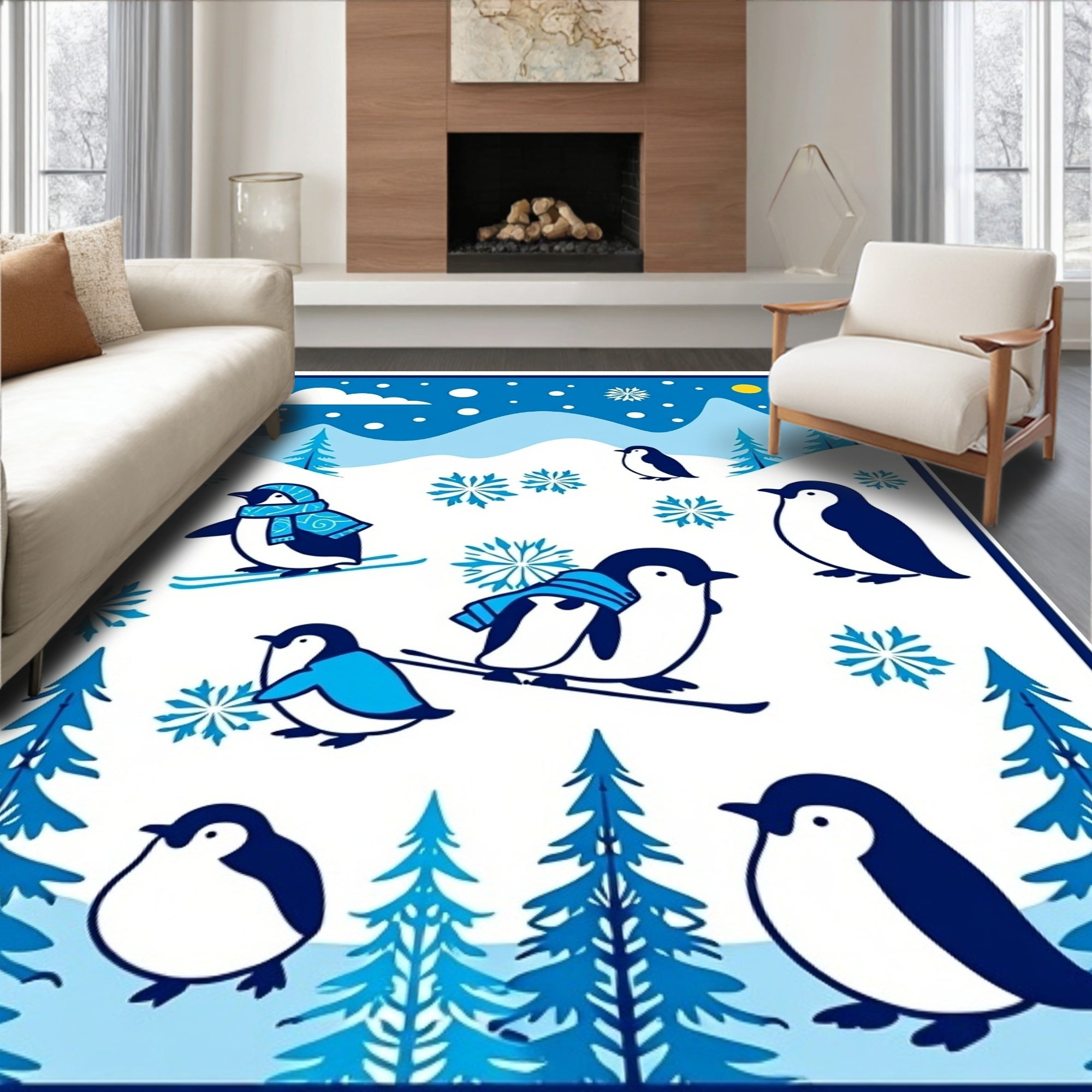 Winter Penguin Ski Scene Blue Accent Rug