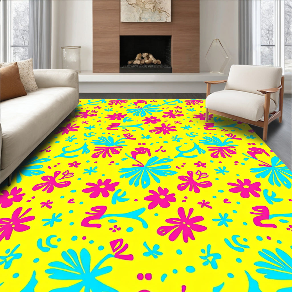 Bright Yellow Pink Blue Floral Bloom Rug