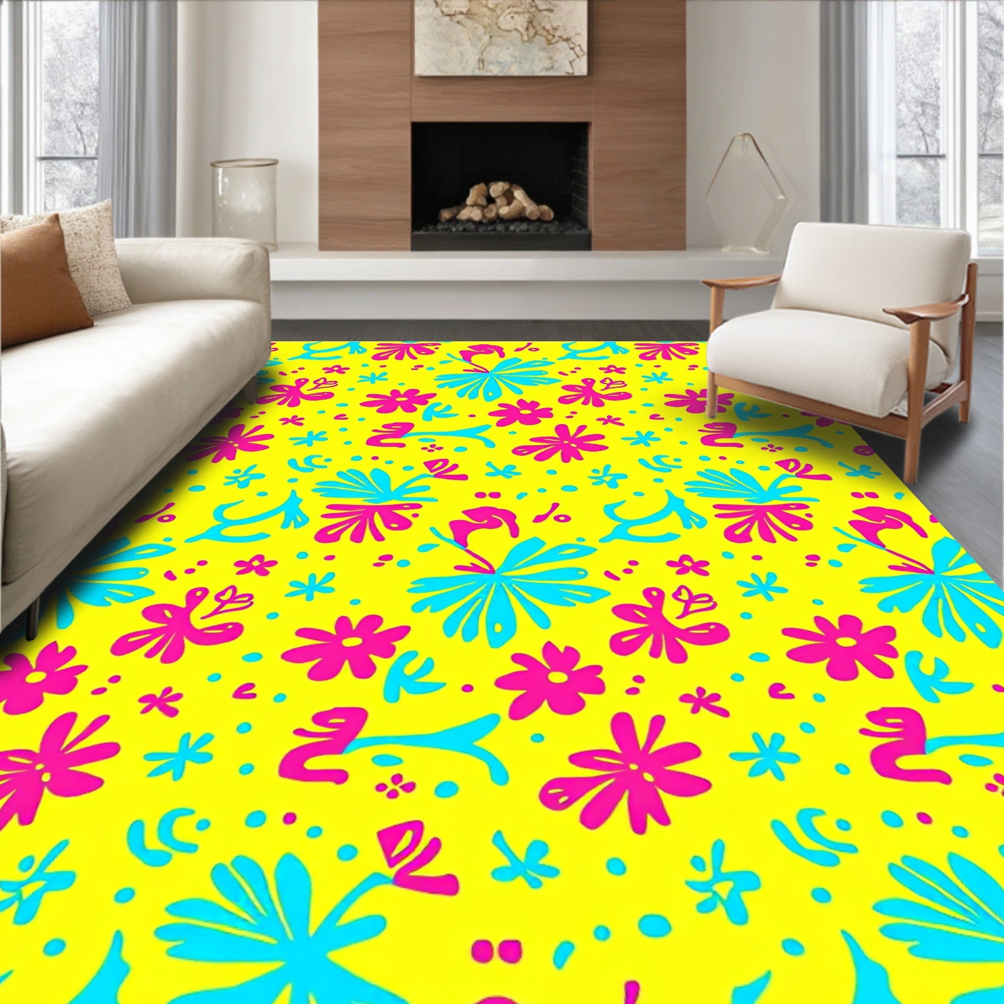 Bright Yellow Pink Blue Floral Bloom Rug