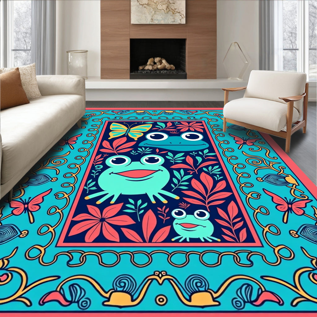 Whimsical Frog Butterfly Coral Garden Rug