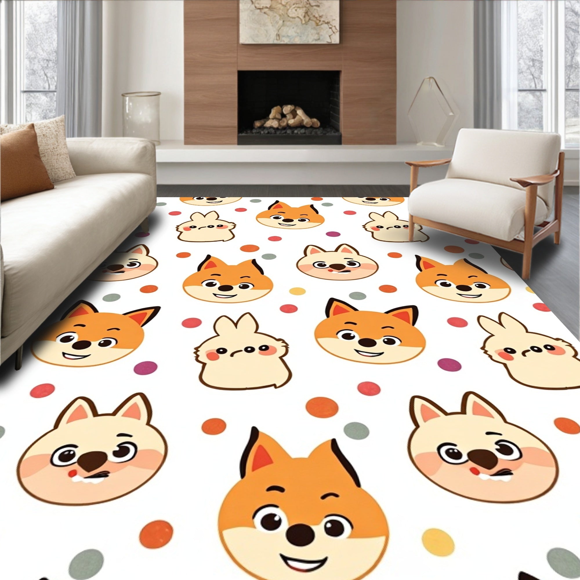 Whimsical Fox And Rabbit Confetti Rug