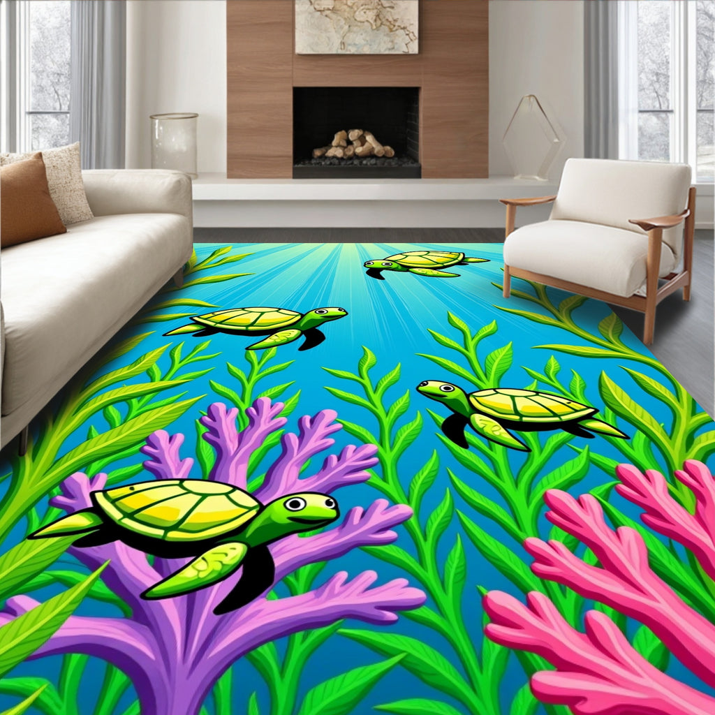 Green Sea Turtles Amidst Coral Reef Rug