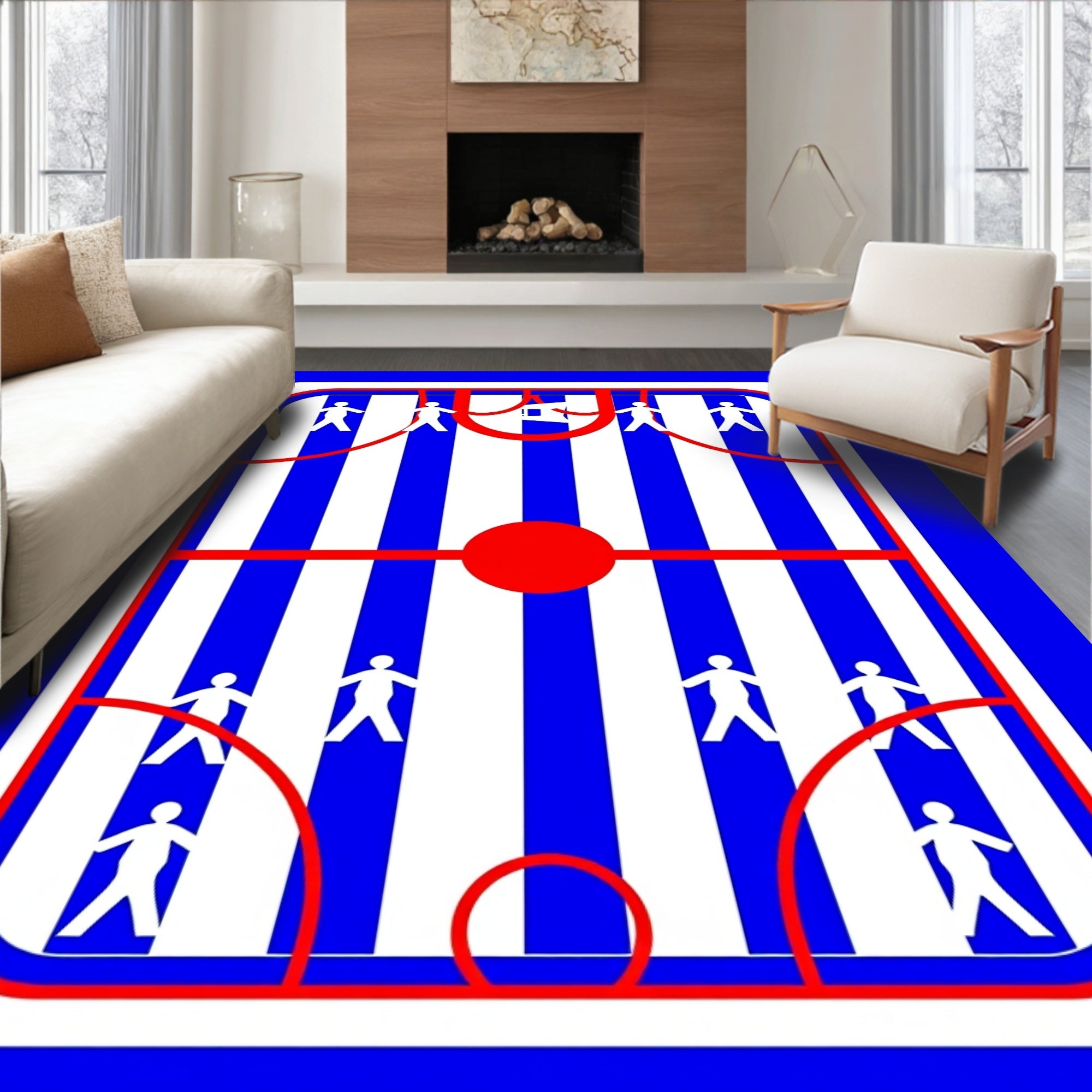 Bold Red Blue Striped Figure Rug
