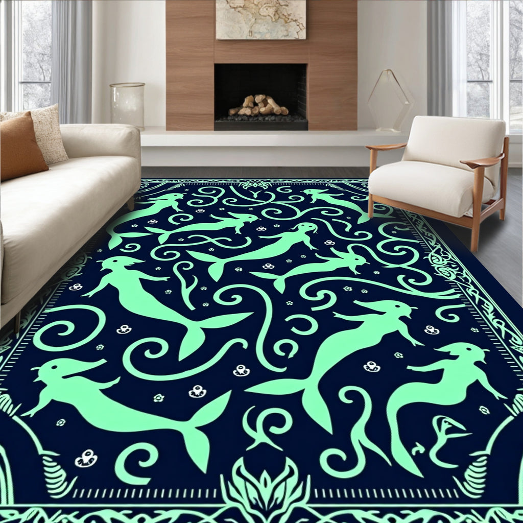 Aquatic Mermaids Neon Whimsical Navy Rug
