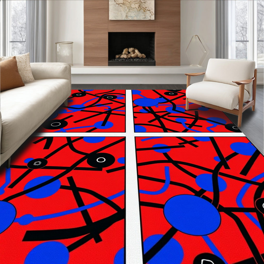 Red Blue Black Abstract Circles Ribbons Rug