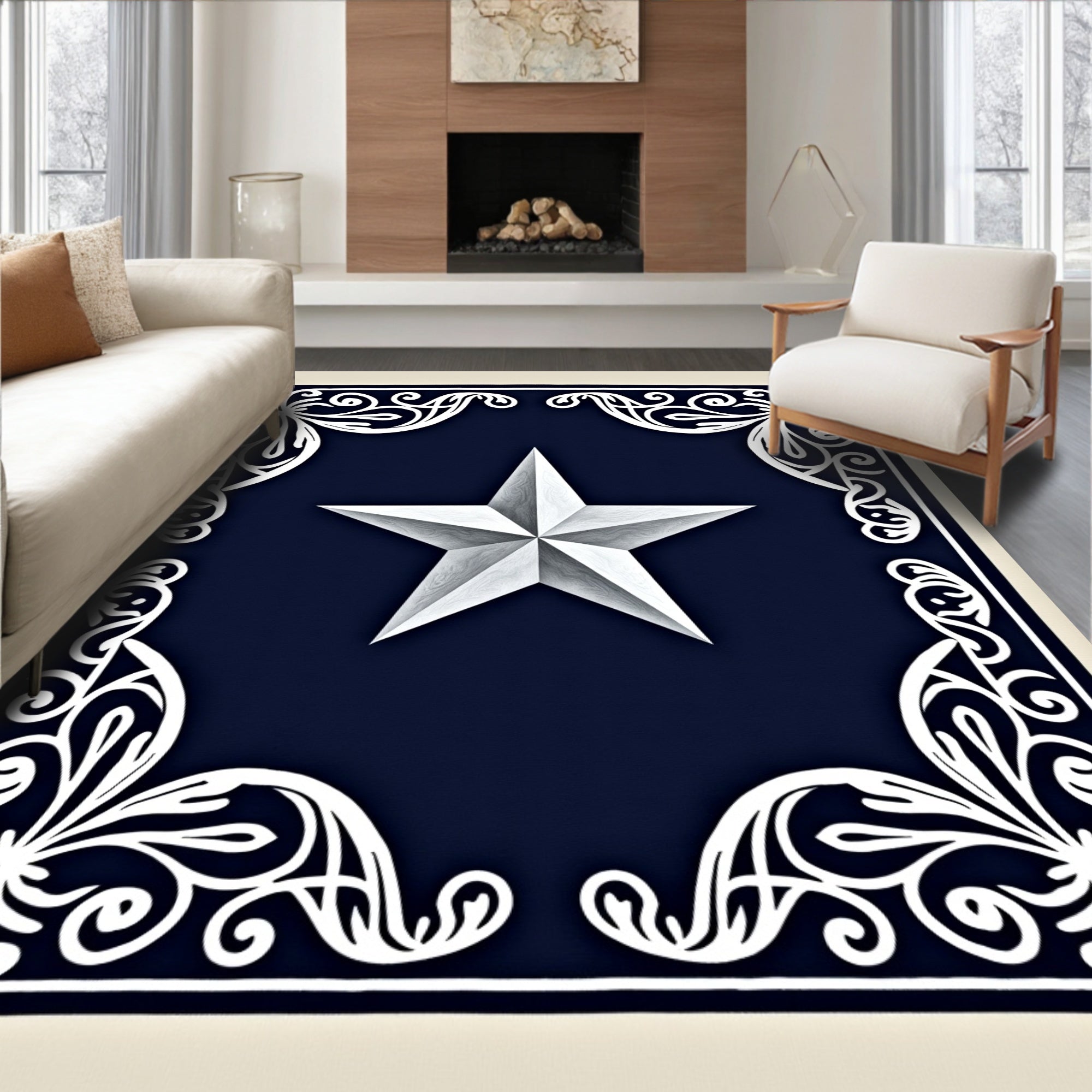 Classic Navy White Star Medallion Rug