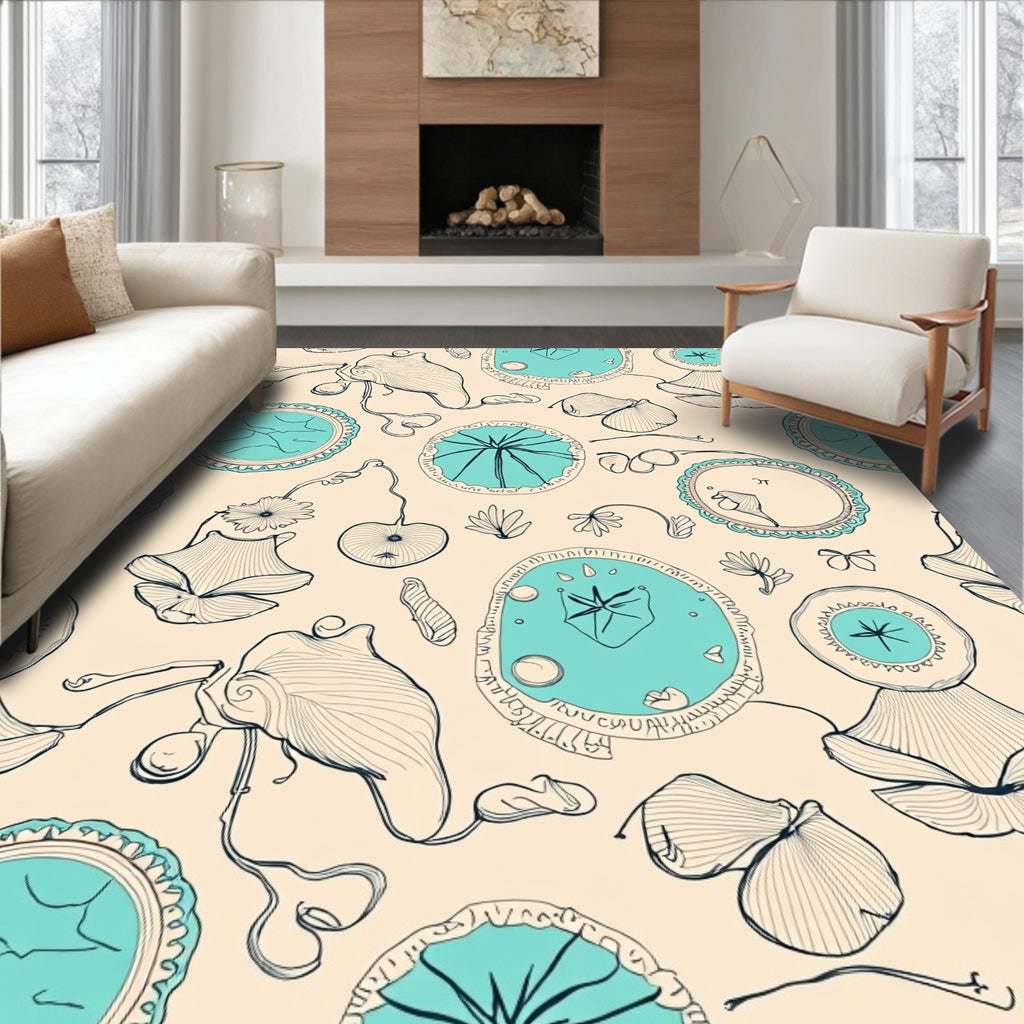Light Beige Teal Abstract Botanical Sketch Rug