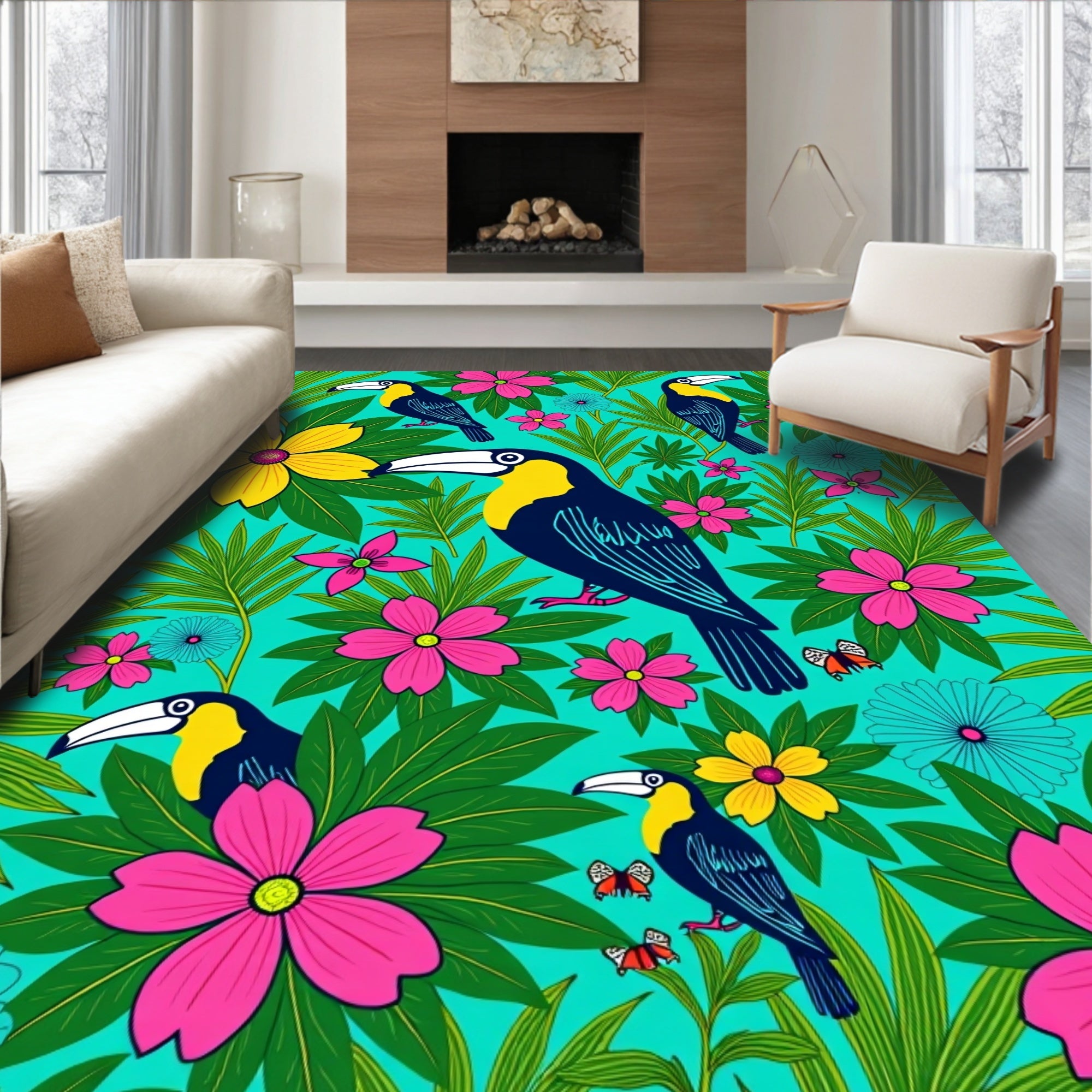 Vibrant Toucan Floral Jungle Scene Rug