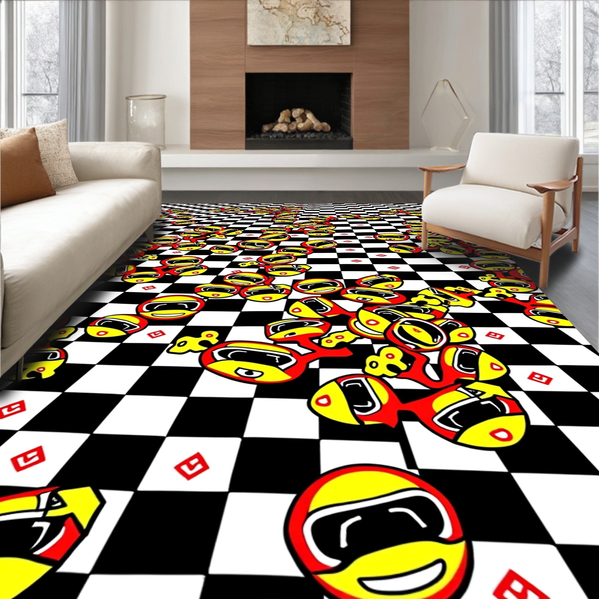 Red yellow cartoon racing characters checkerboard Rug