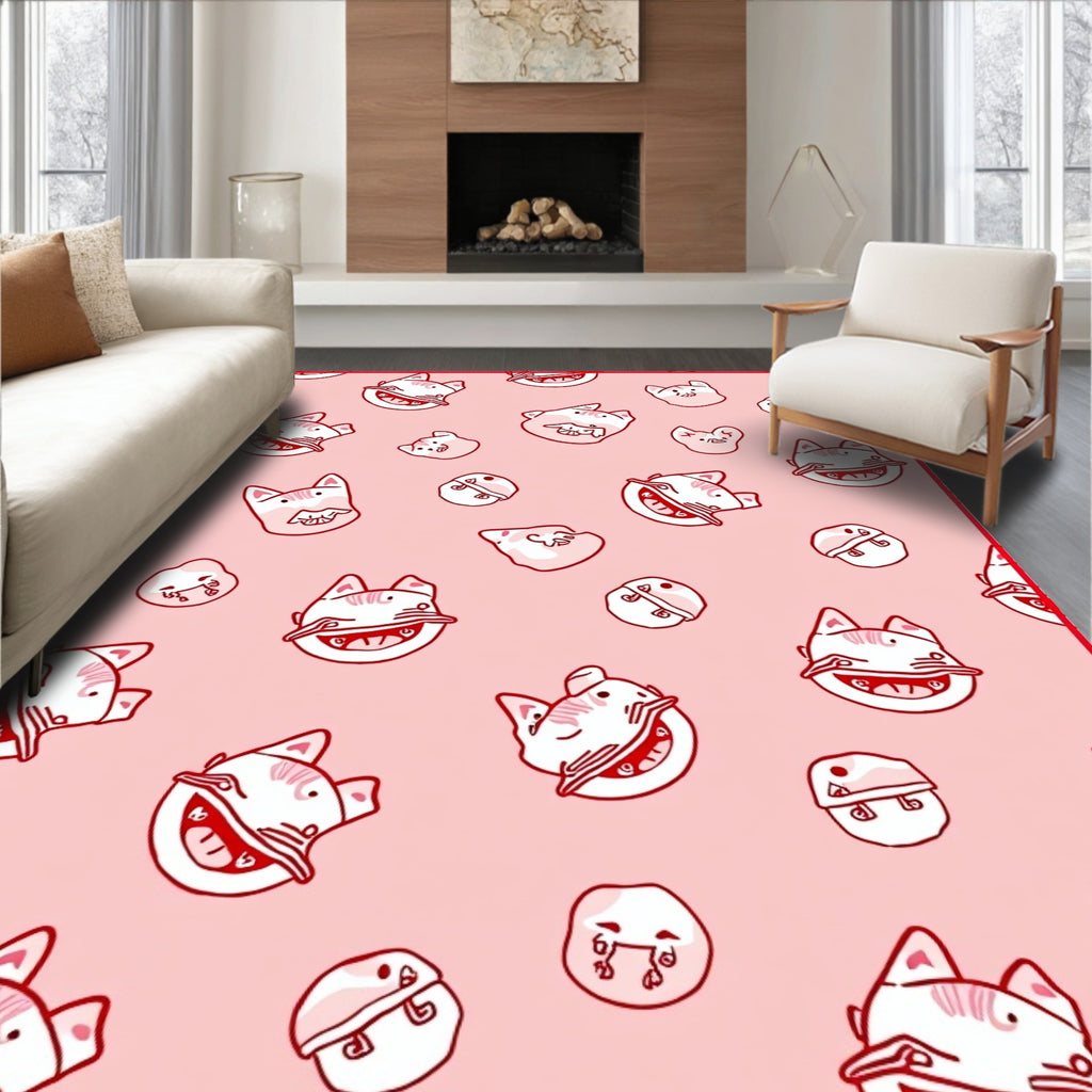 Whimsical Red Cat Faces Pink Rug