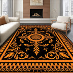 Orange Floral Medallion Black Rug