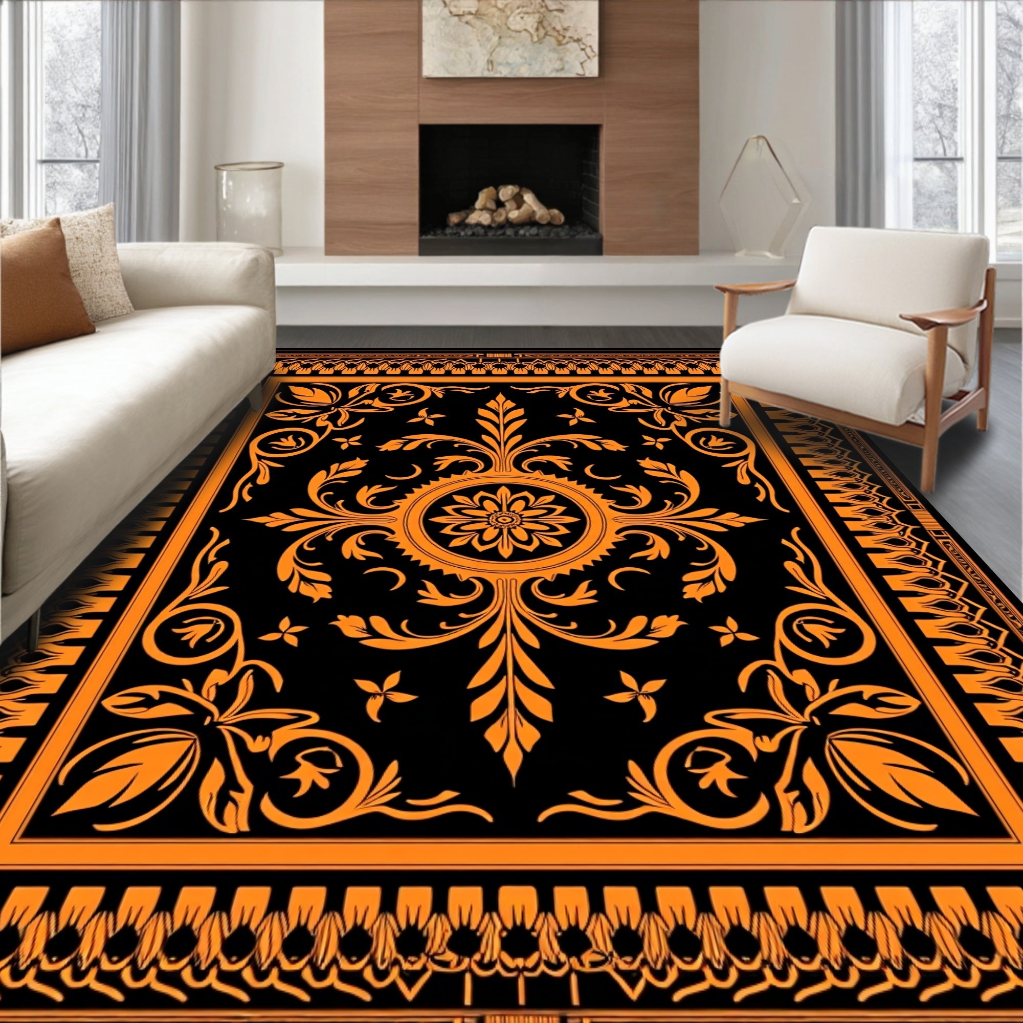 Orange Floral Medallion Black Rug