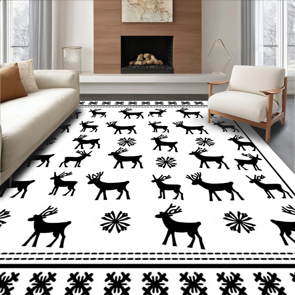Black White Reindeer Snowflake Motif Rug