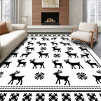 Black White Reindeer Snowflake Motif Rug