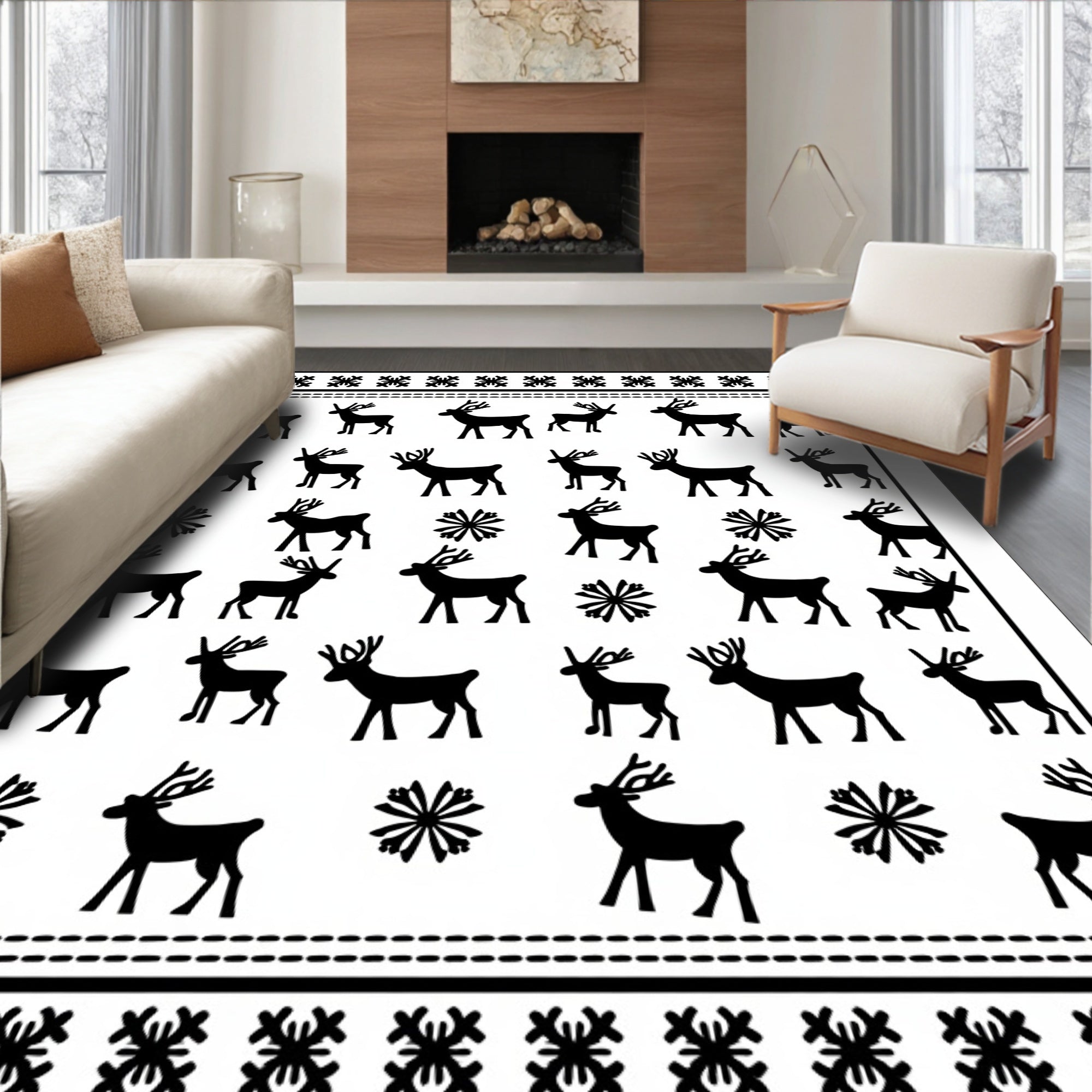 Black White Reindeer Snowflake Motif Rug