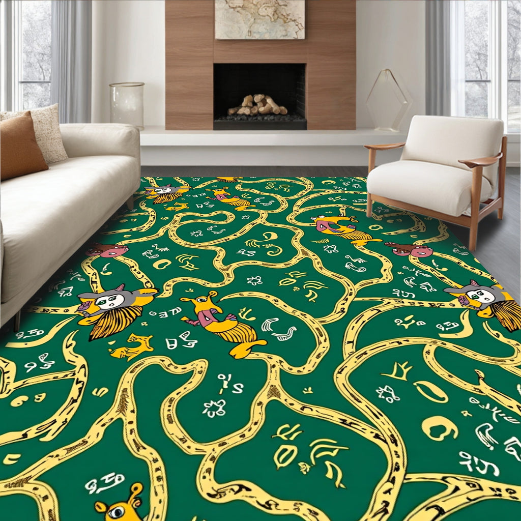 Whimsical Yellow Creature Green Swirl Rug