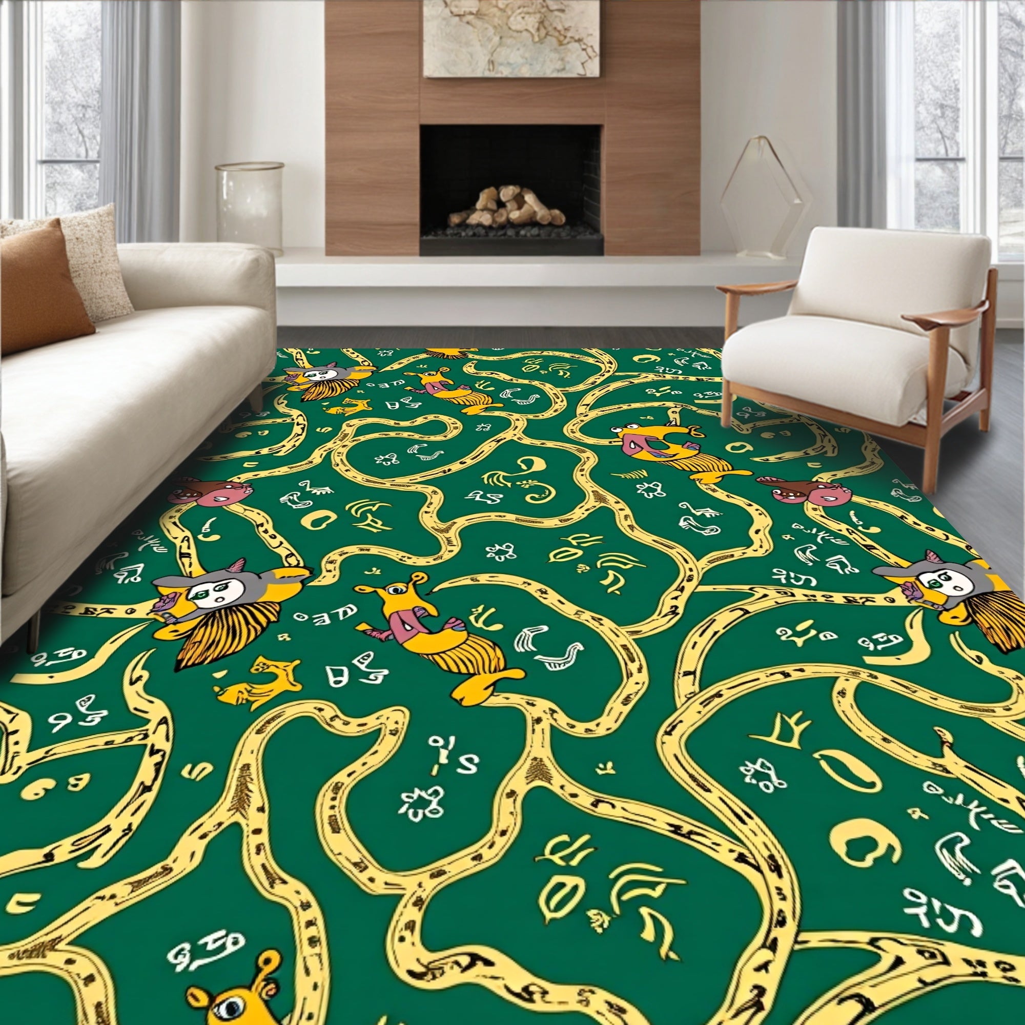 Whimsical Yellow Creature Green Swirl Rug