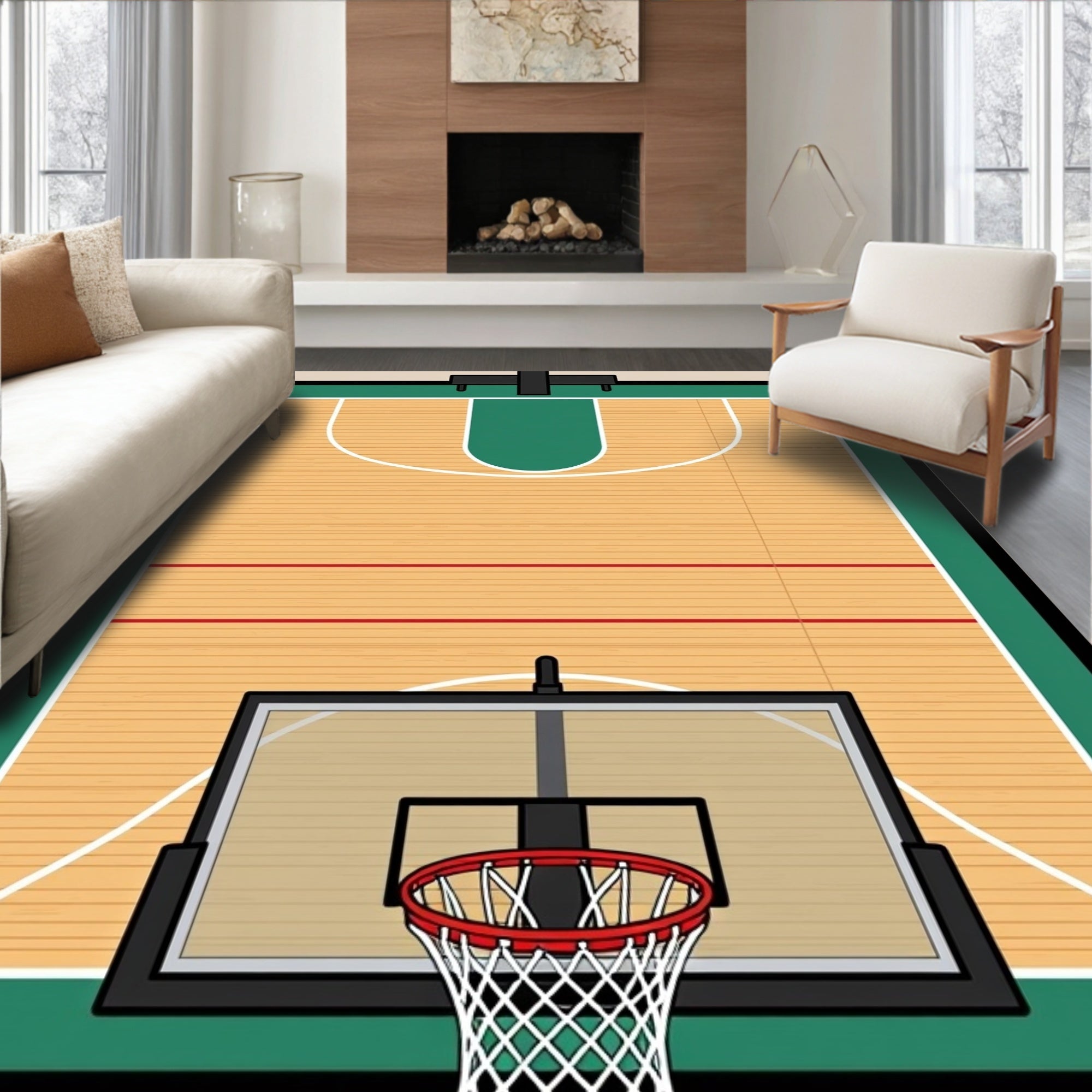 Classic Wood Court Basketball Arena Rug