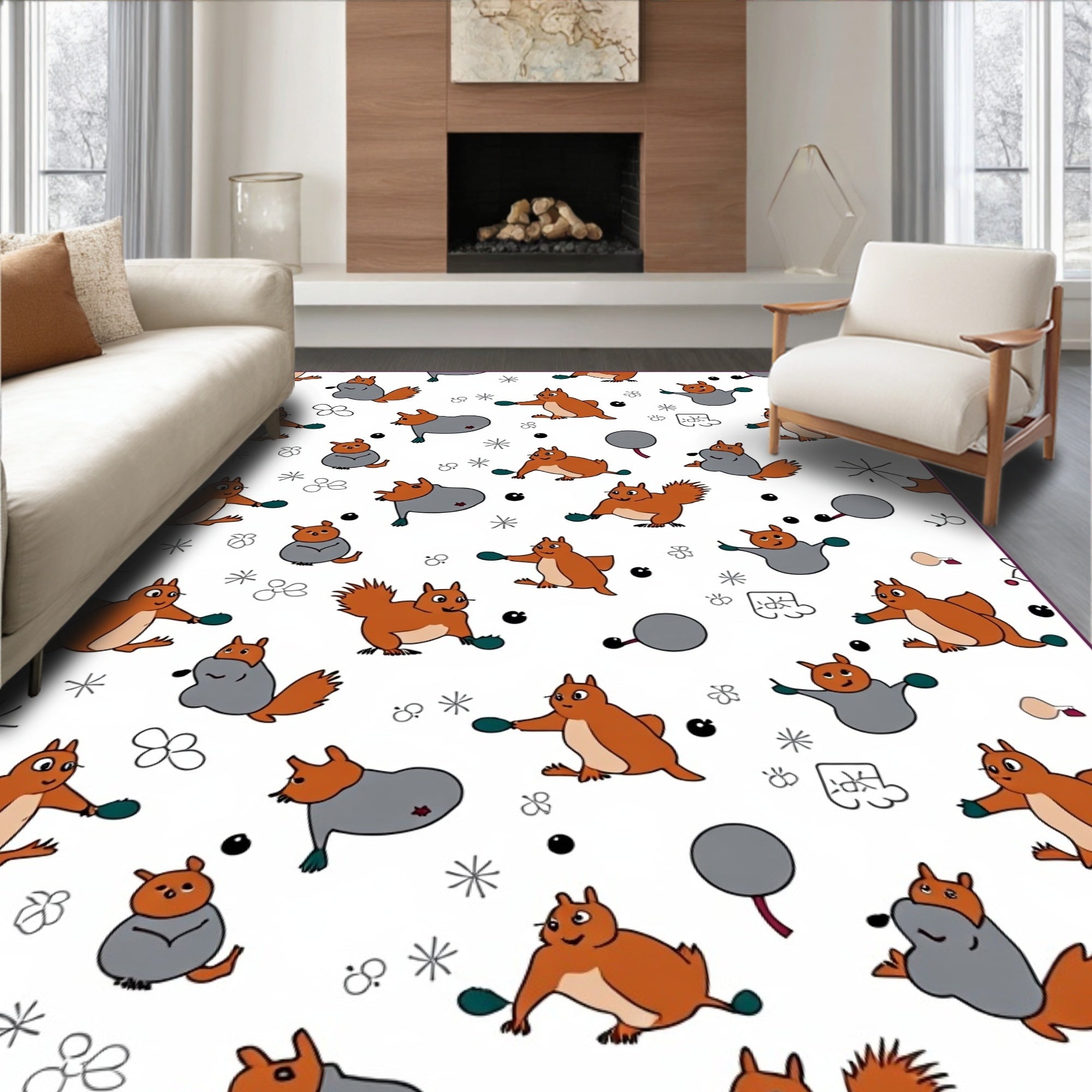 Whimsical Squirrels And Snowflakes Rug