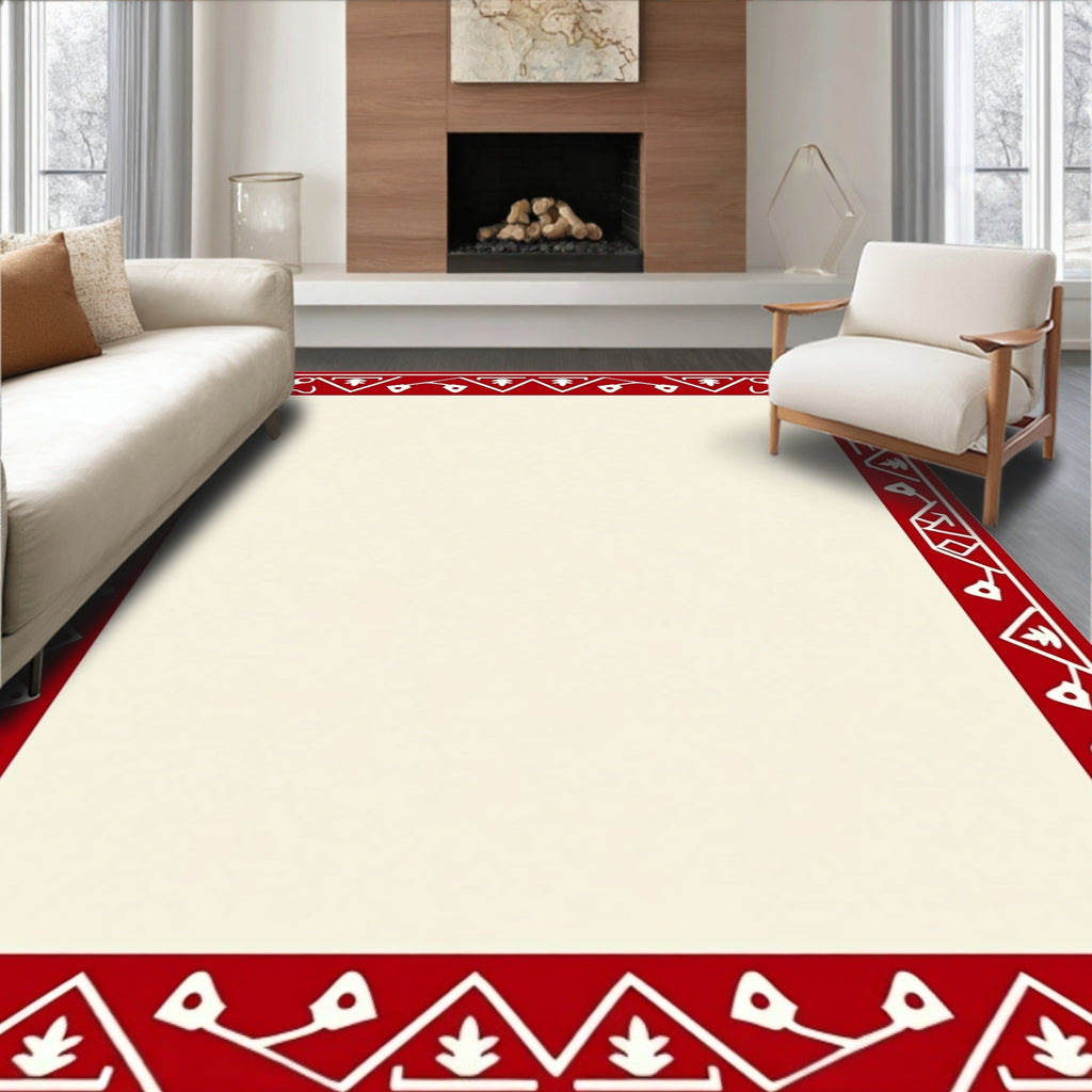 Crimson Red Geometric Folk Border Rug