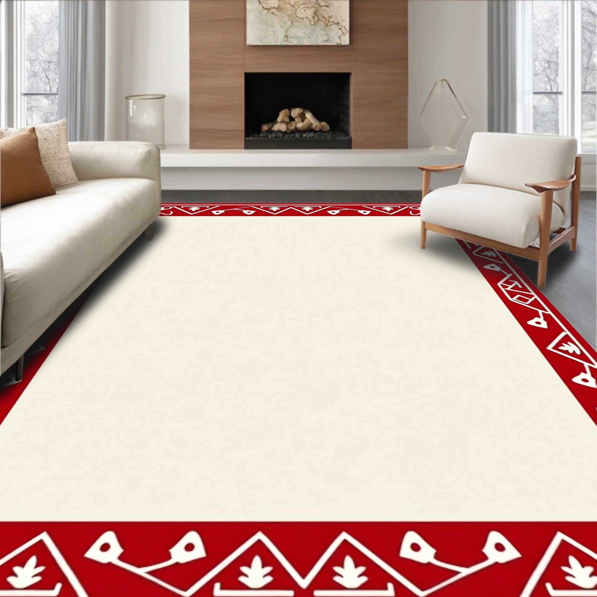 Crimson Red Geometric Folk Border Rug