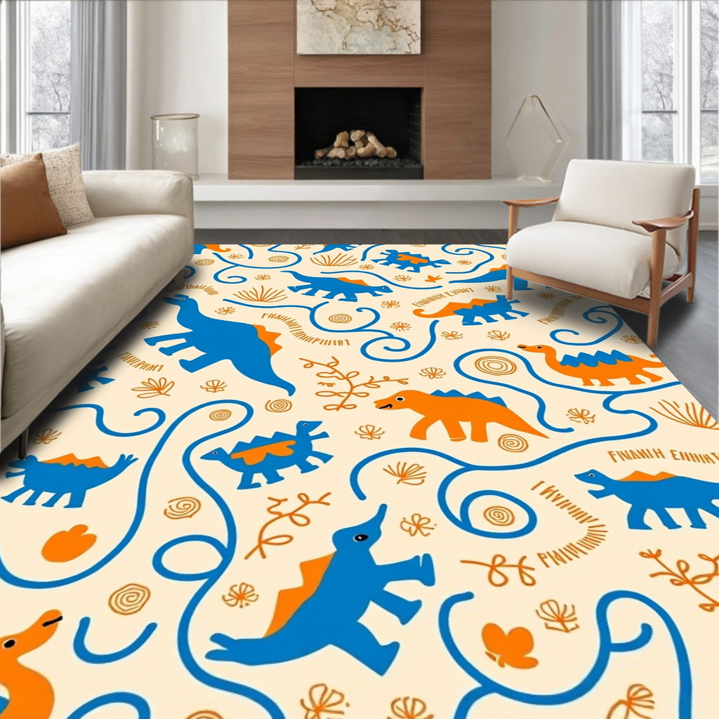 Cute Blue Orange Dinosaur Swirls Rug